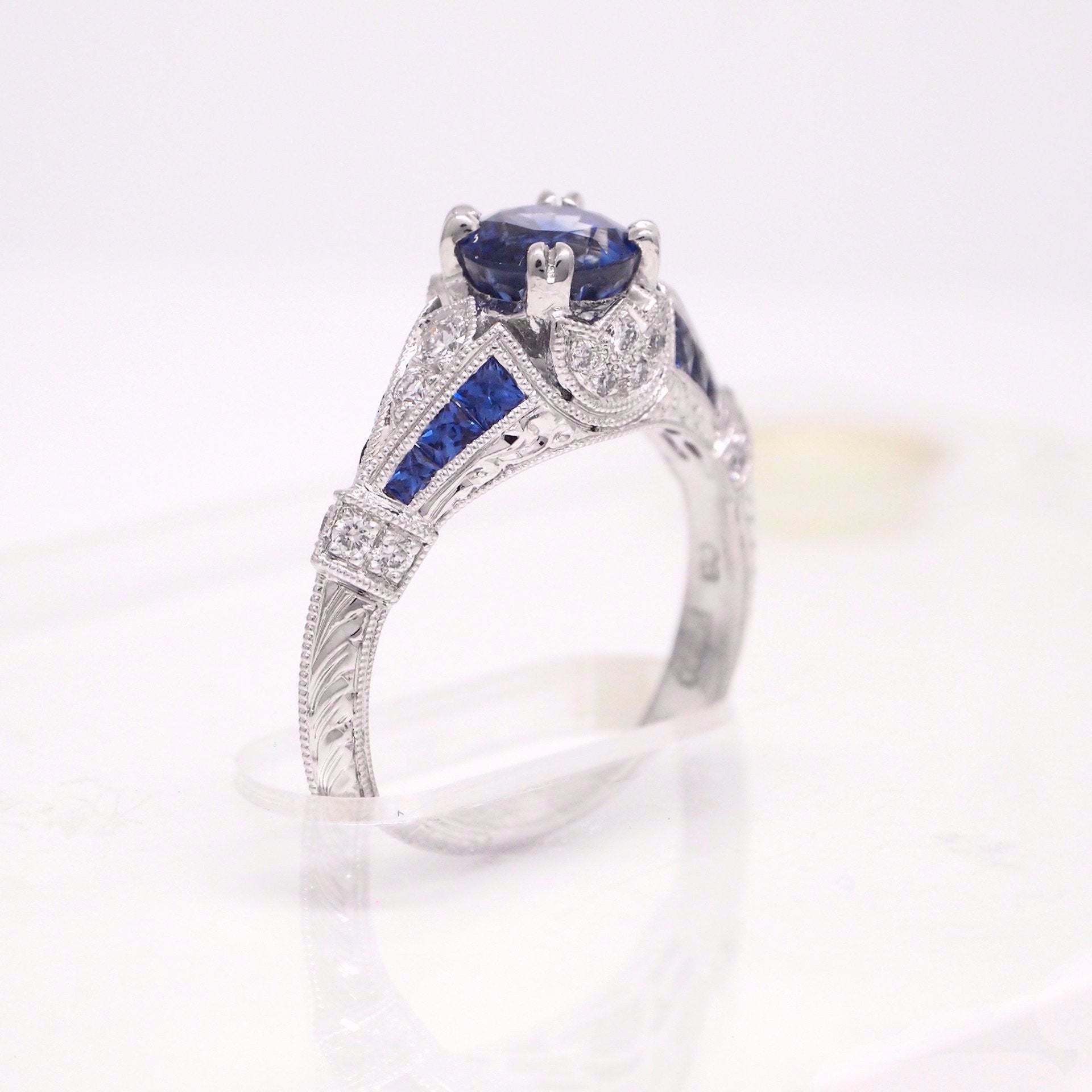 Art Deco Style Platinum Ceylon Sapphire And Diamond Engagement Ring