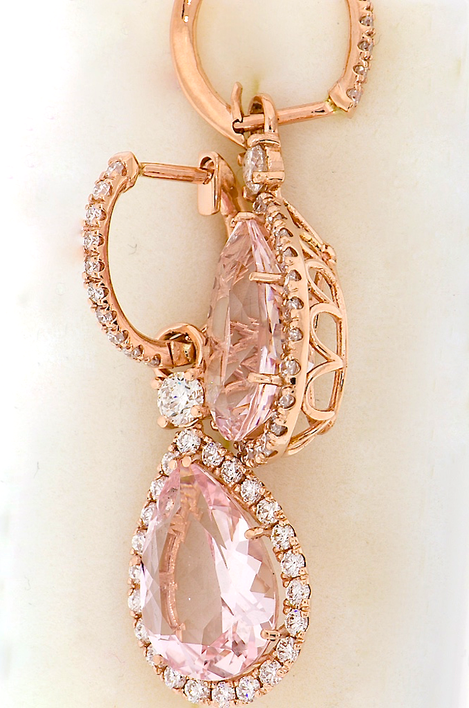 Custom Designed Pink Gold Morganite and Diamond Earrings