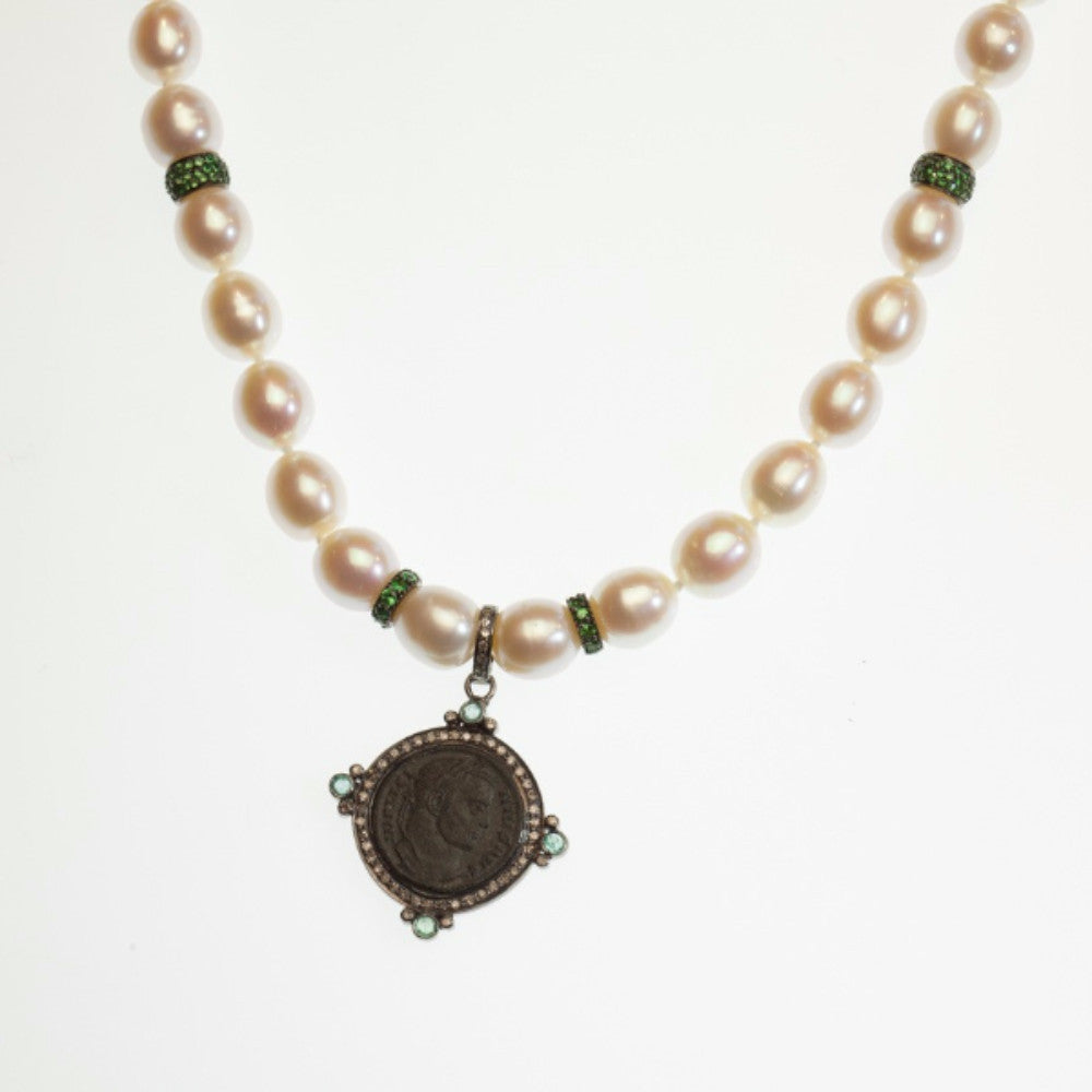 Pearl, Diamond, And Emerald "Versilia" Original Licinio Bronze Coin Pendant