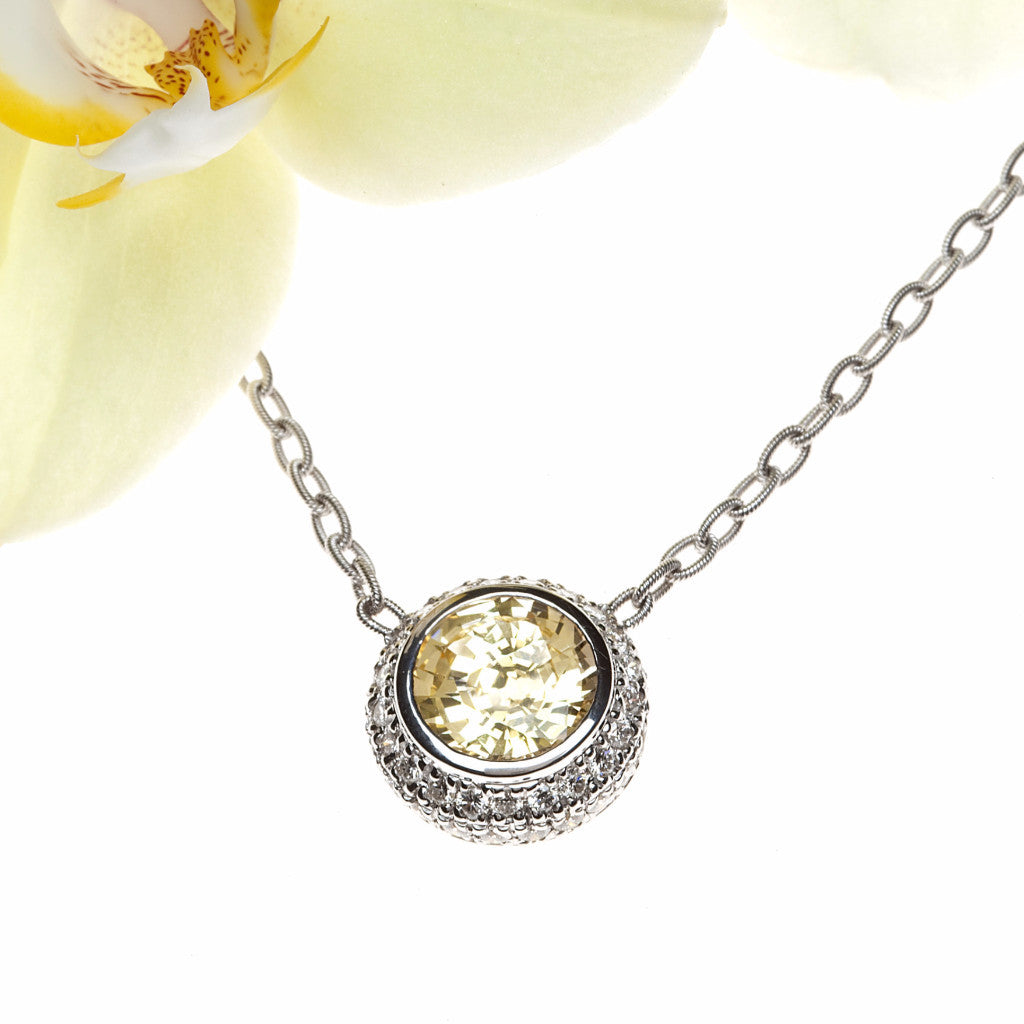 16 inch 18K white gold yellow sapphire and pave set diamond necklace