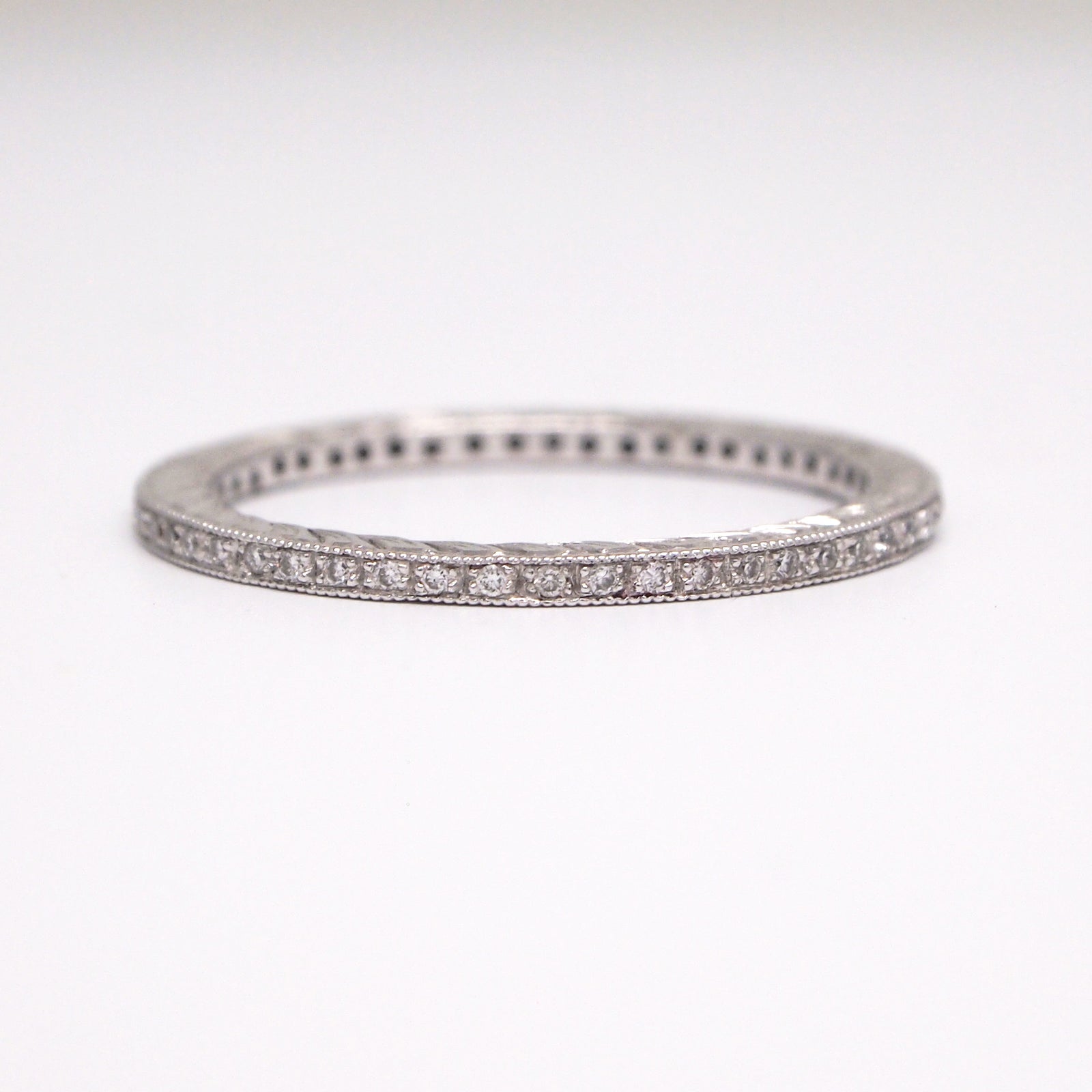 18K White Gold Hand-Engraved Diamond Eternity Wedding Band