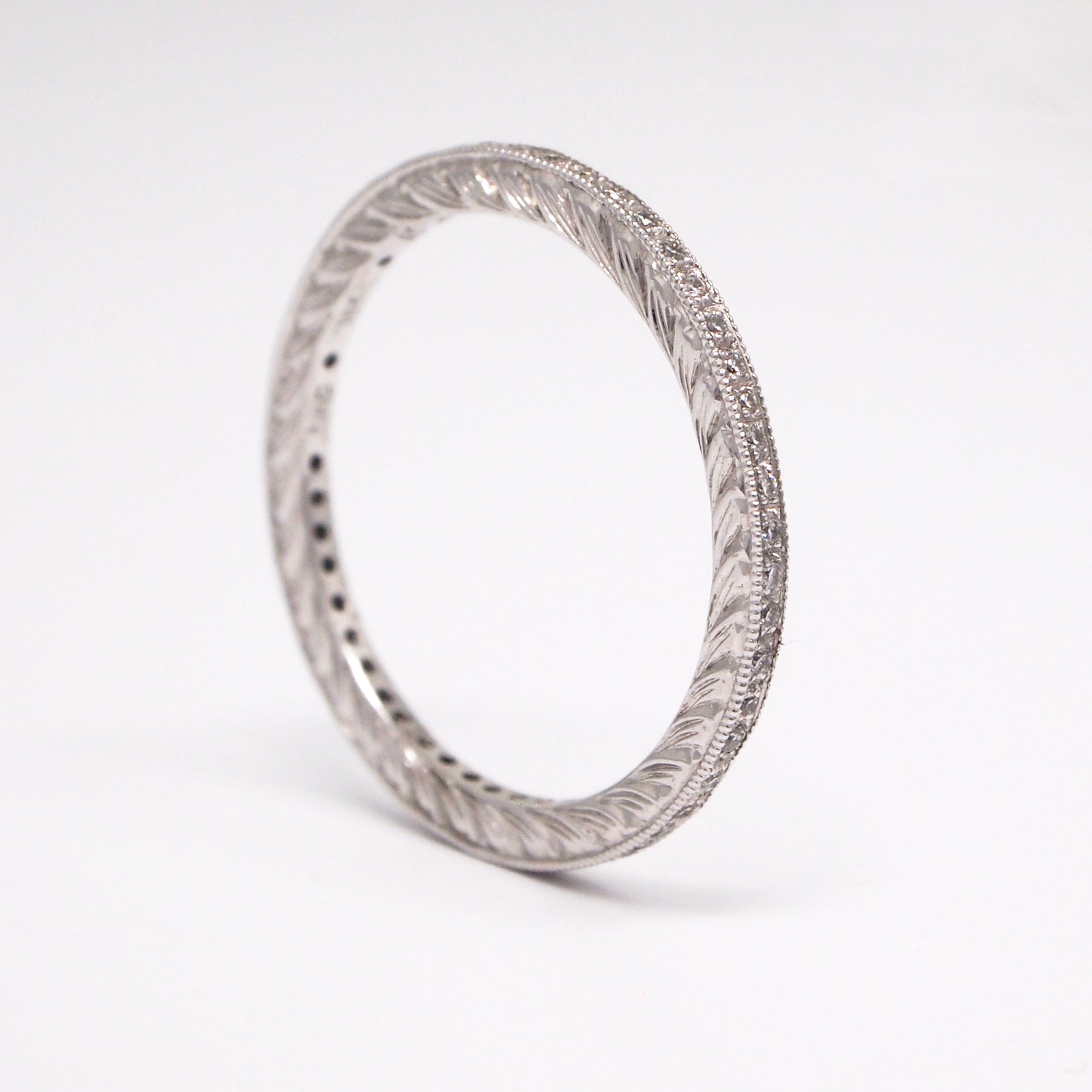 18K White Gold Hand-Engraved Diamond Eternity Wedding Band