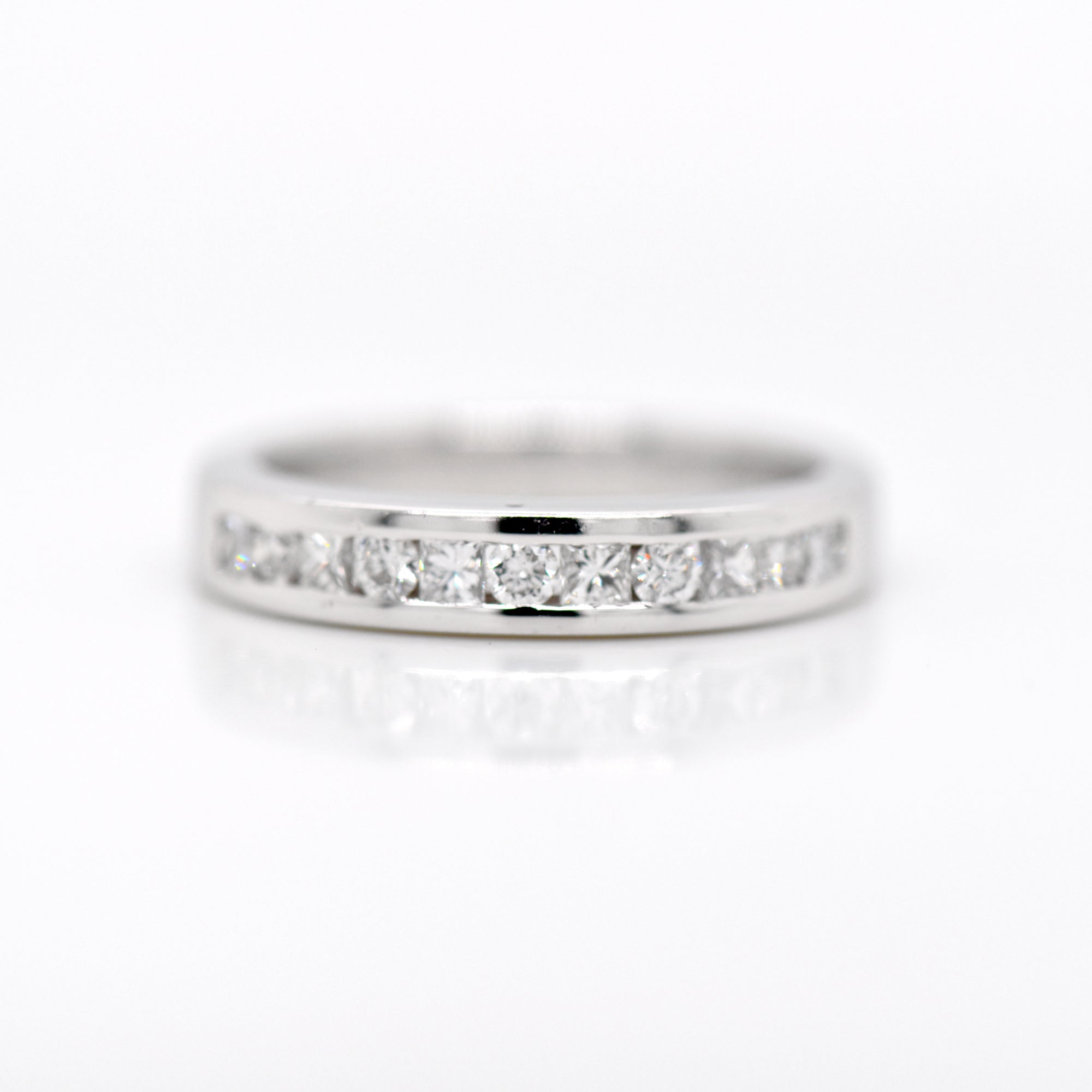 Platinum Emerald Cut Diamond Channel Set Eternity Ring Weighing 3.70 Carat  at 1stDibs  channel set emerald cut diamond eternity band, emerald cut  channel set band, channel set eternity wedding band