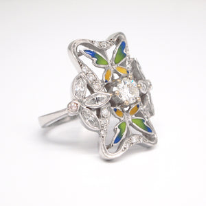 Art Nouveau Style 18K White Gold "Arctic Collection" Enamel And Diamond Ring