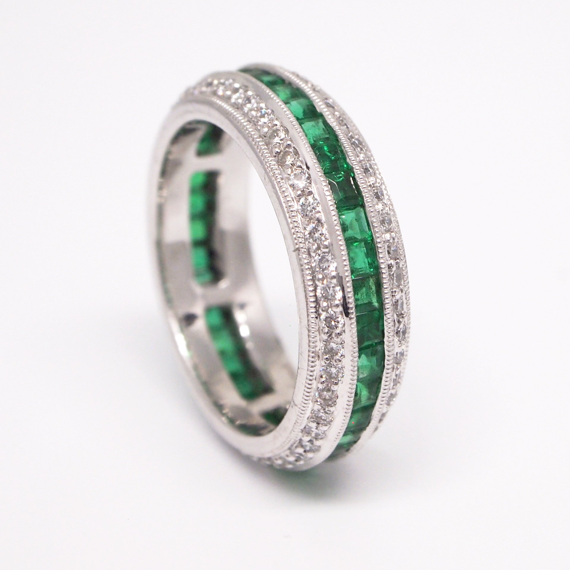 Platinum Emerald And Diamond Eternity Wedding Or Anniversary Band