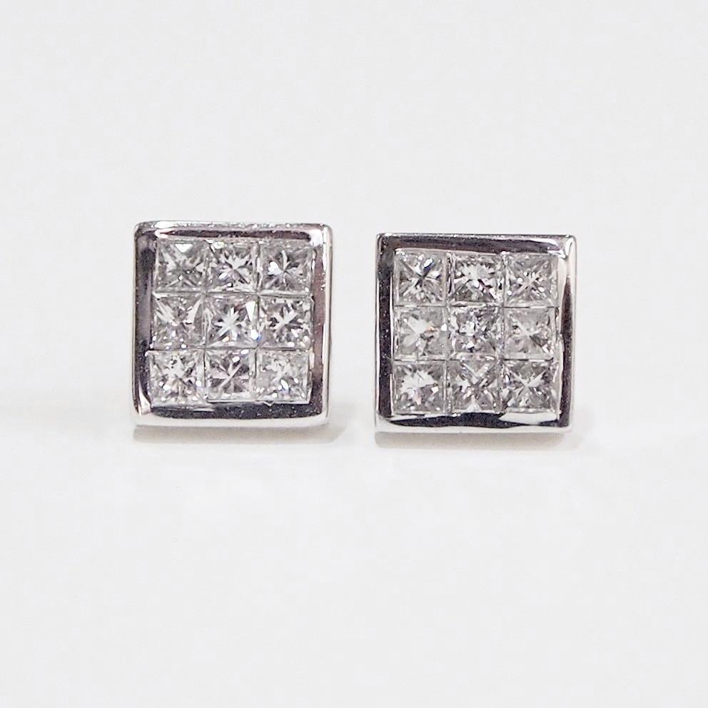 14K White Gold Invisible Set Princess Diamond Earrings