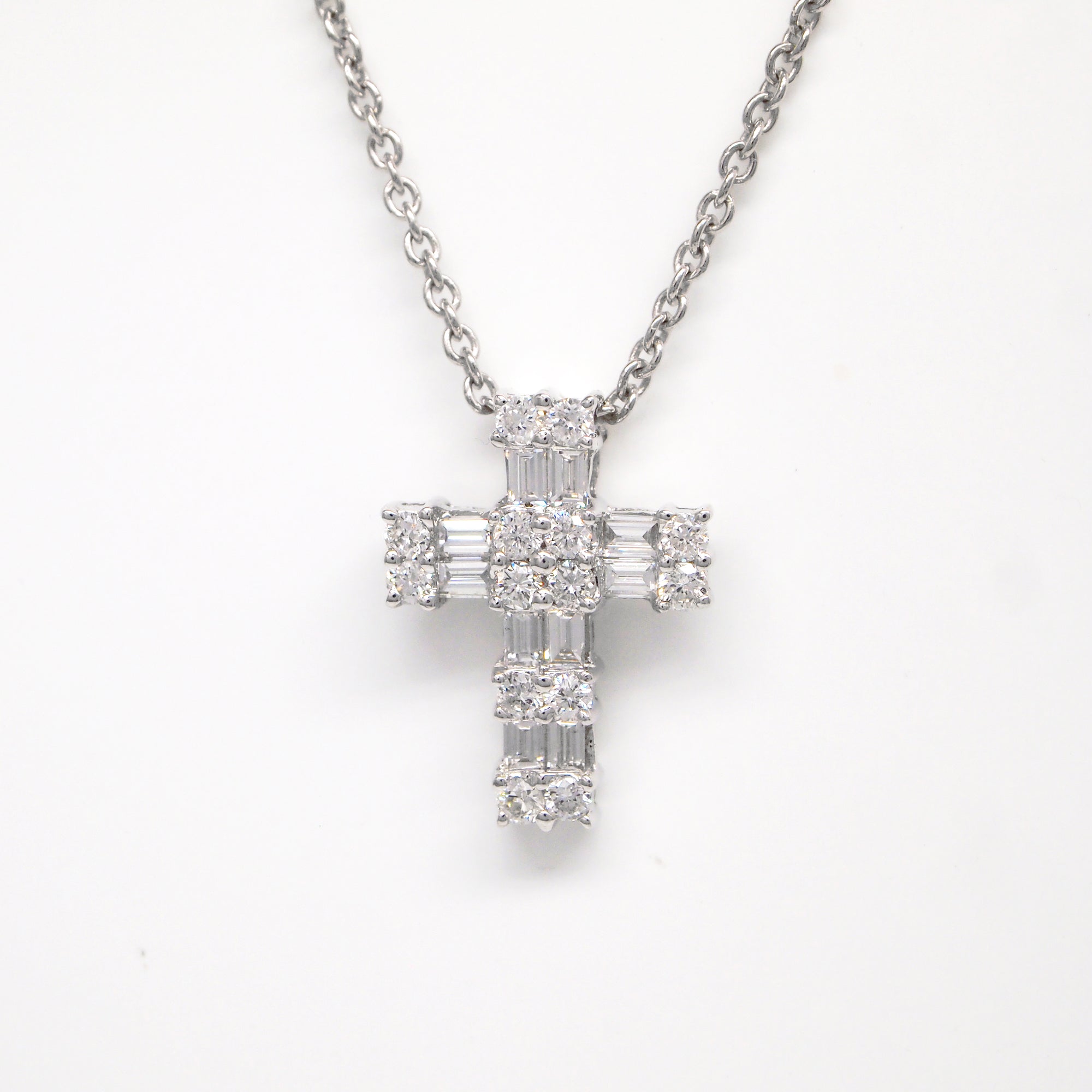 18K White Gold Round And Baguette Diamond Cross Pendant