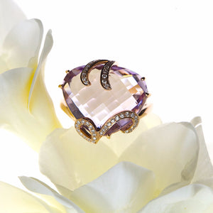 Rose Gold Pink Purple Fancy Cut Triangular Amethyst and Diamond Ring