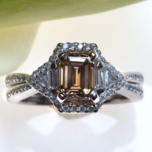 Platinum Asscher Cut Brown Diamond Ring with Additional Diamonds