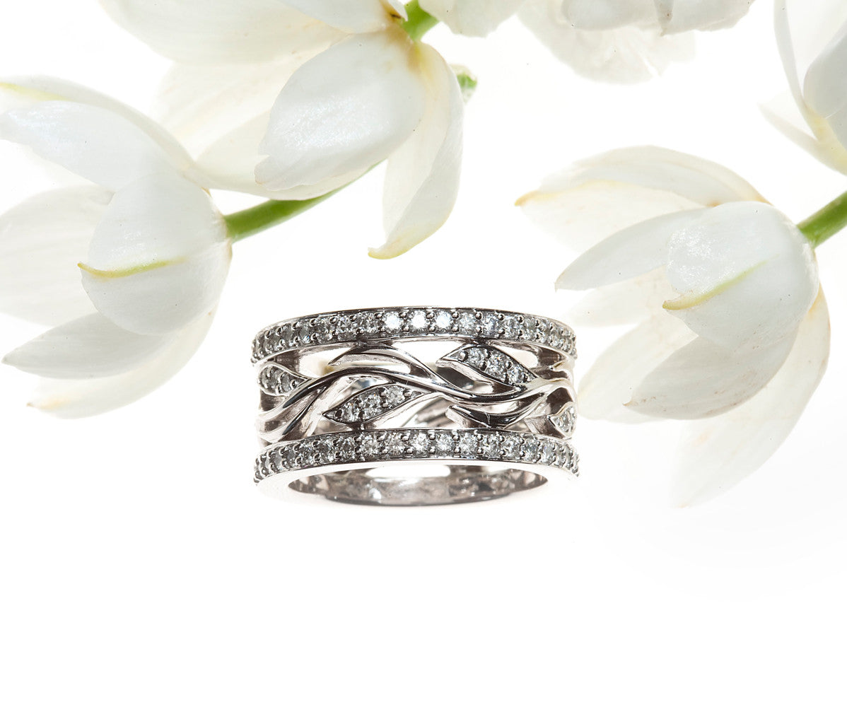 Angled View of White Gold Diamond Wedding or Annivesary Band with Pave Set Round Brilliant Diamonds