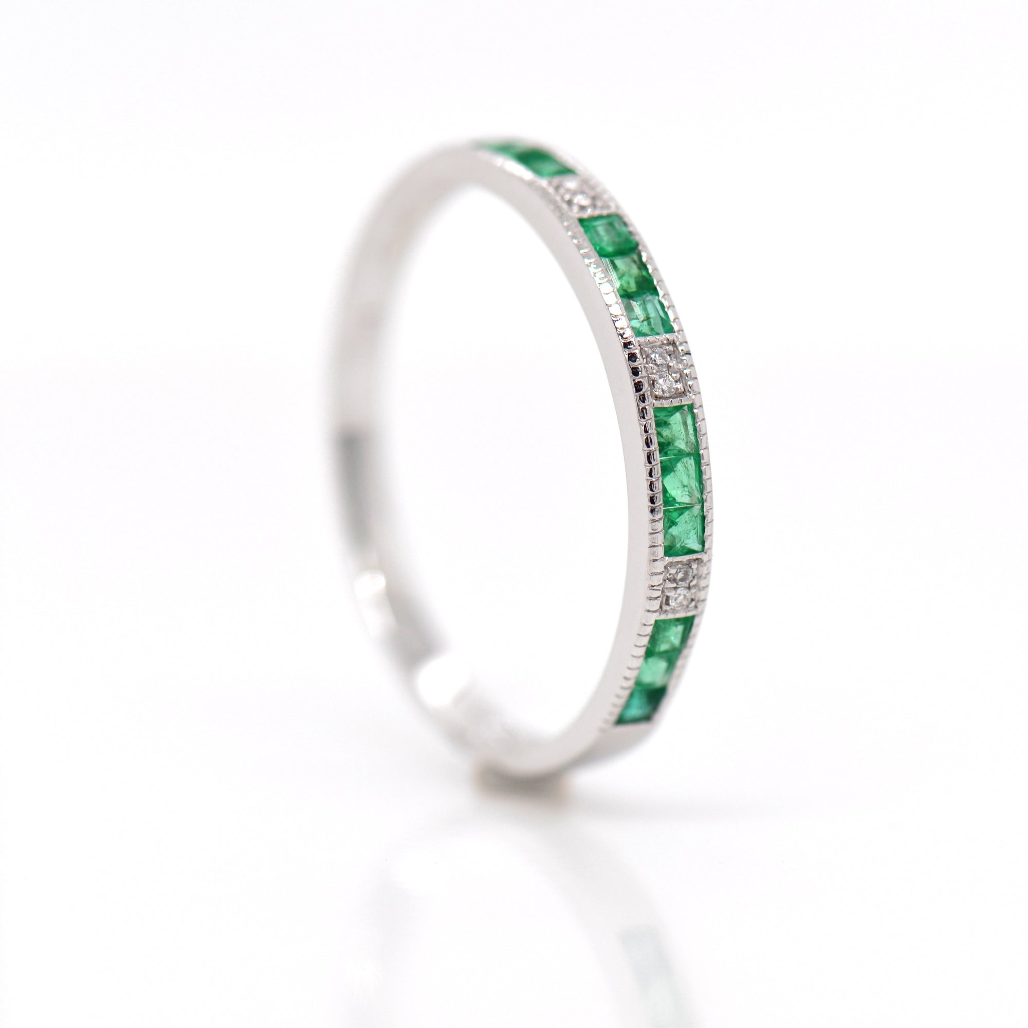 14K White Gold Emerald And Diamond Band