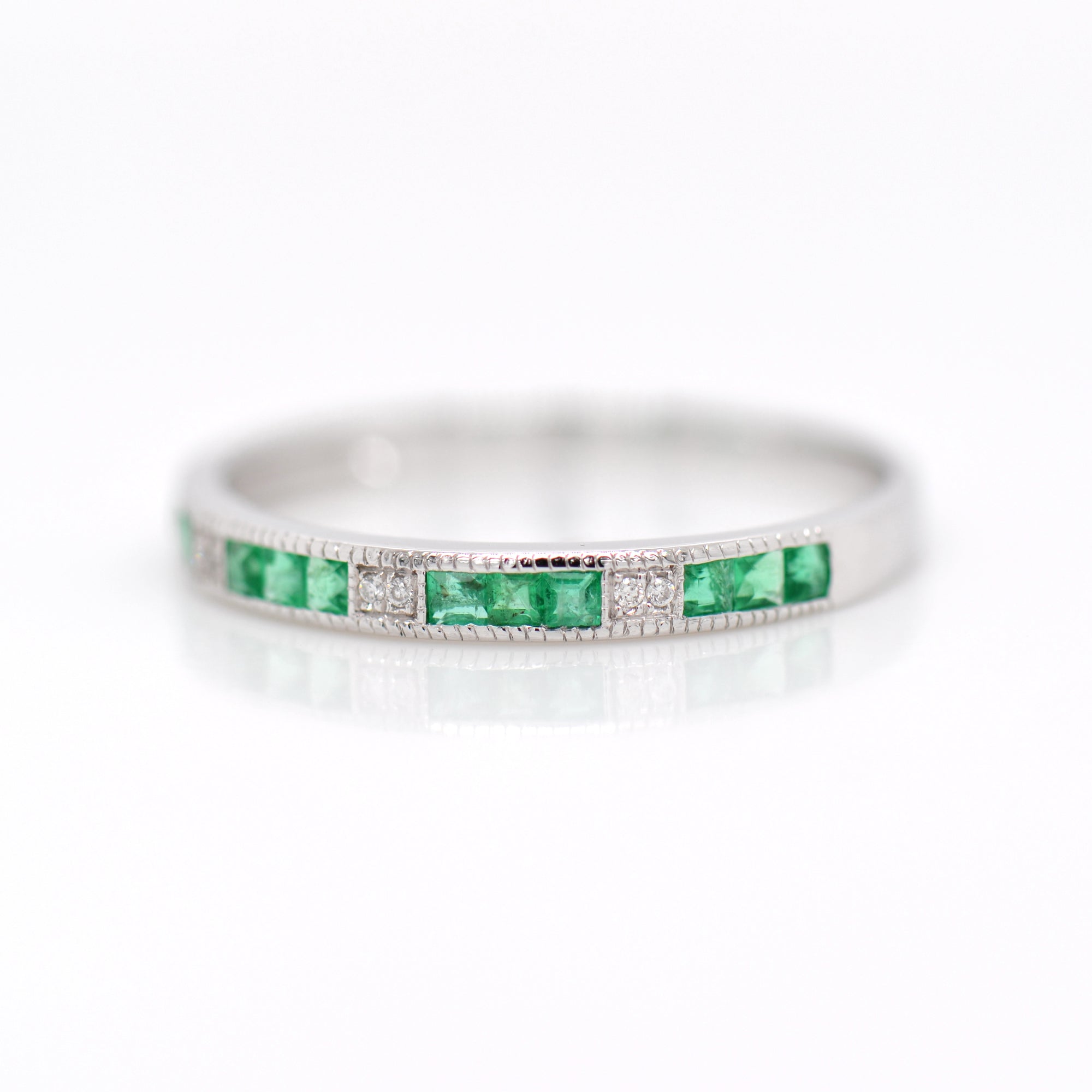 14K White Gold Emerald And Diamond Band