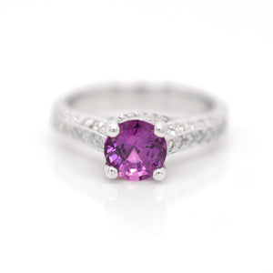 18KW Purple Sapphire And Diamond Ring in a 4-prong setting judith arnell jewelers pdx