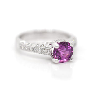 18KW Purple Sapphire And Diamond Ring in a 4-prong setting judith arnell jewelers pdx
