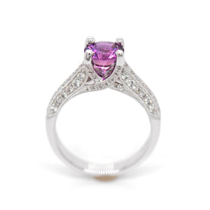 18KW Purple Sapphire And Diamond Ring in a 4-prong setting judith arnell jewelers pdx