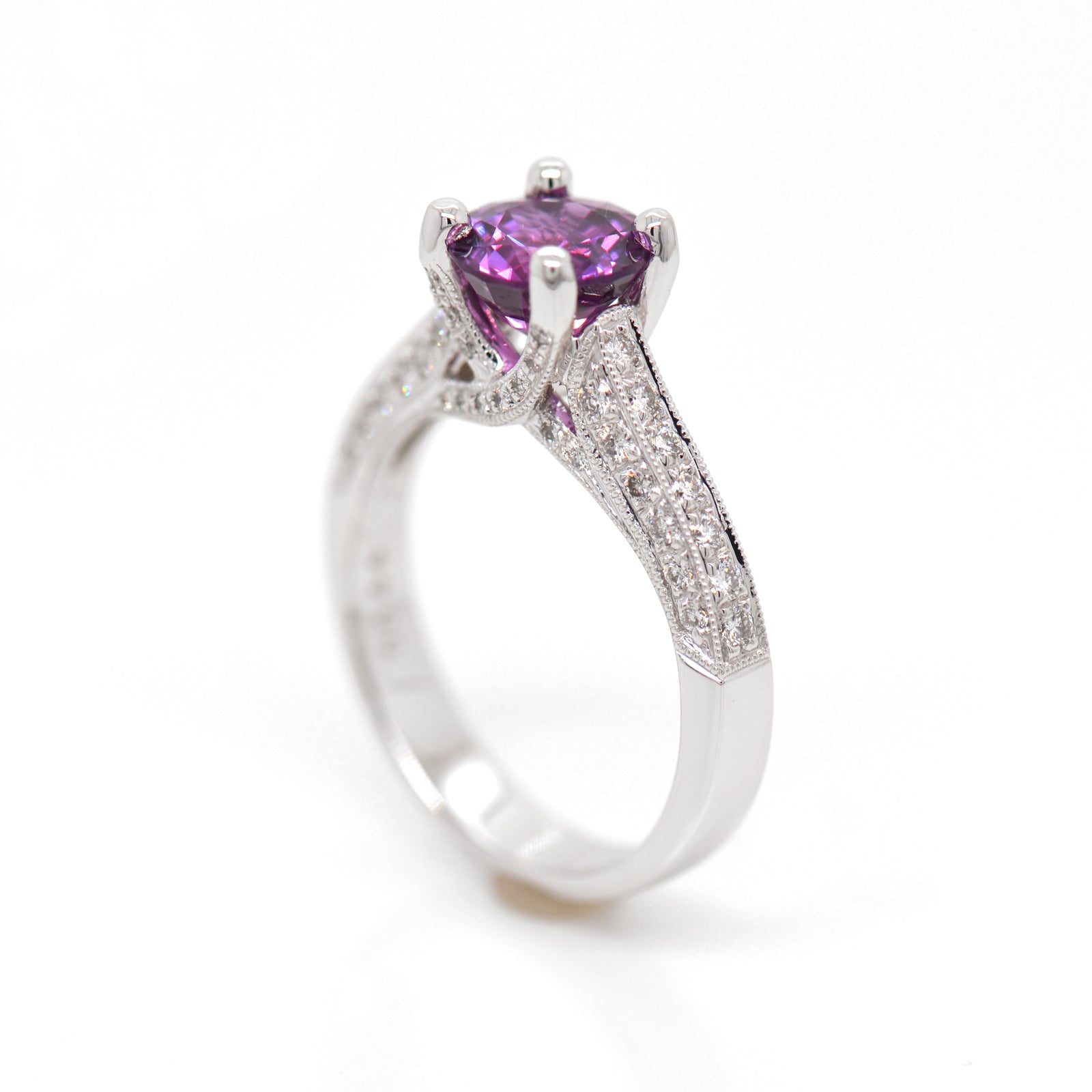 18KW Purple Sapphire And Diamond Ring in a 4-prong setting judith arnell jewelers pdx