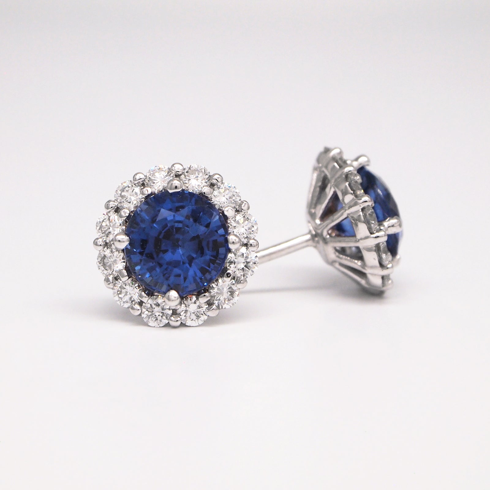 18K White Gold Sapphire Earrings With Diamond Halo