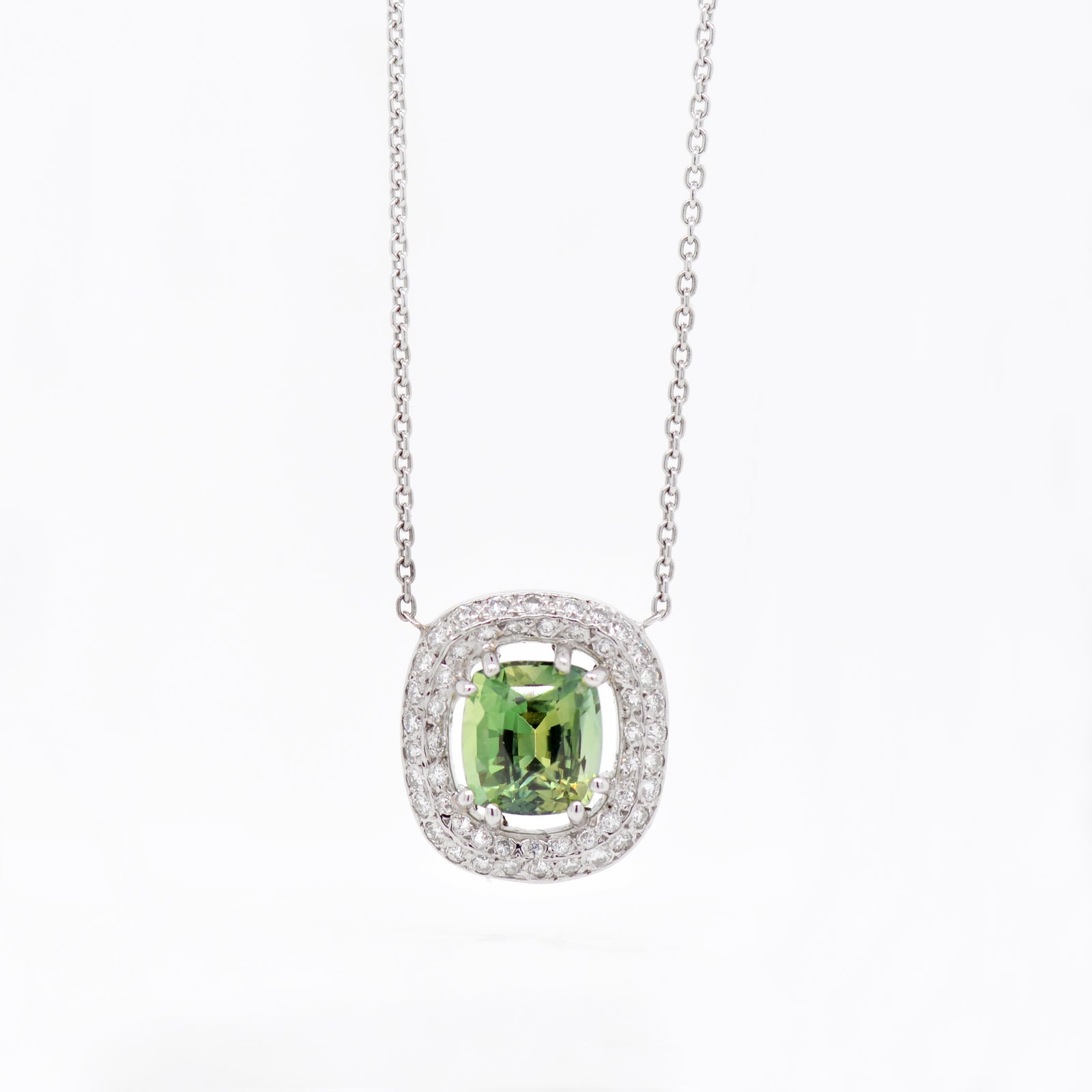 14K White Gold Green Sapphire And Diamond Necklace