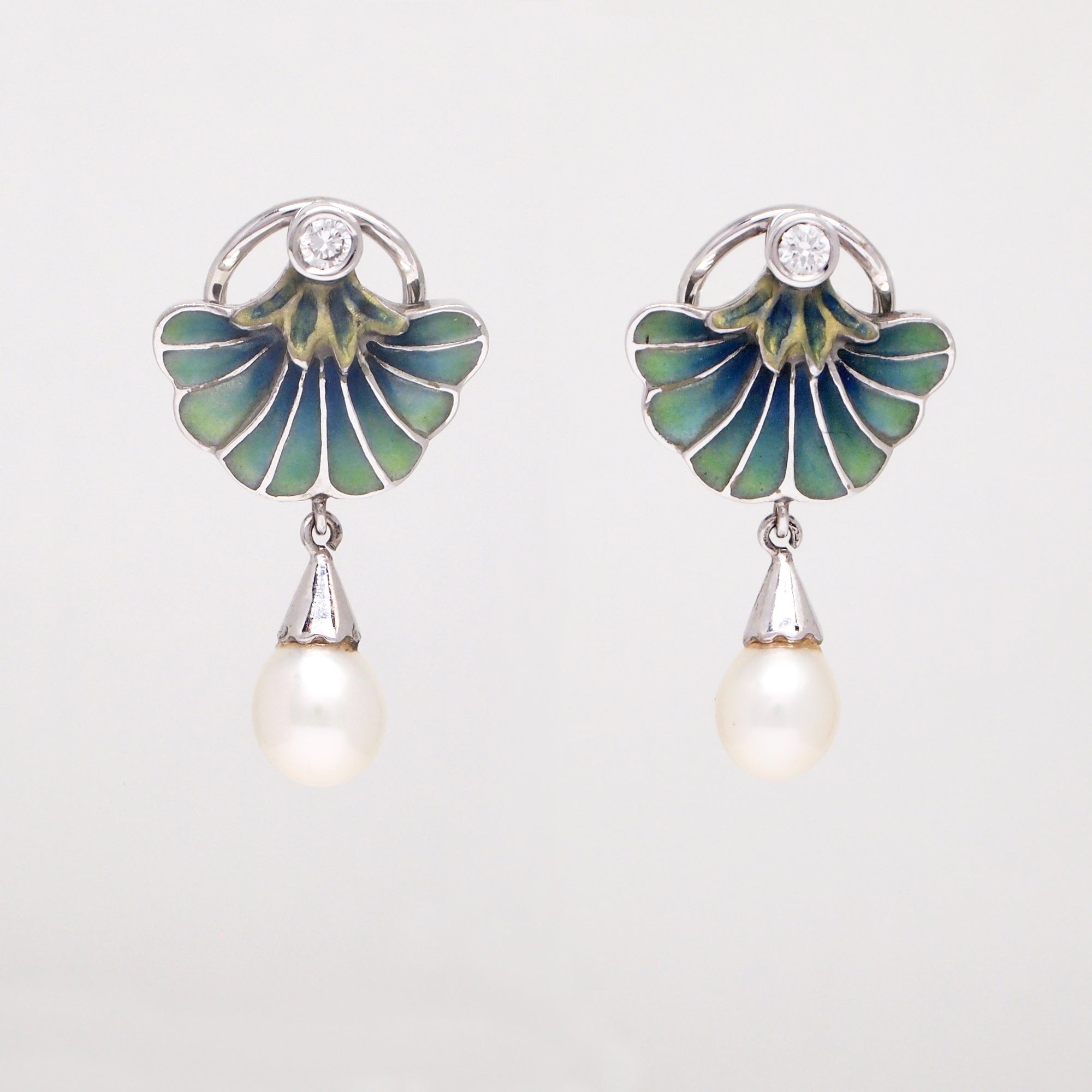 Art Nouveau Style 18K White Gold Floral Enamel Pearl Earrings