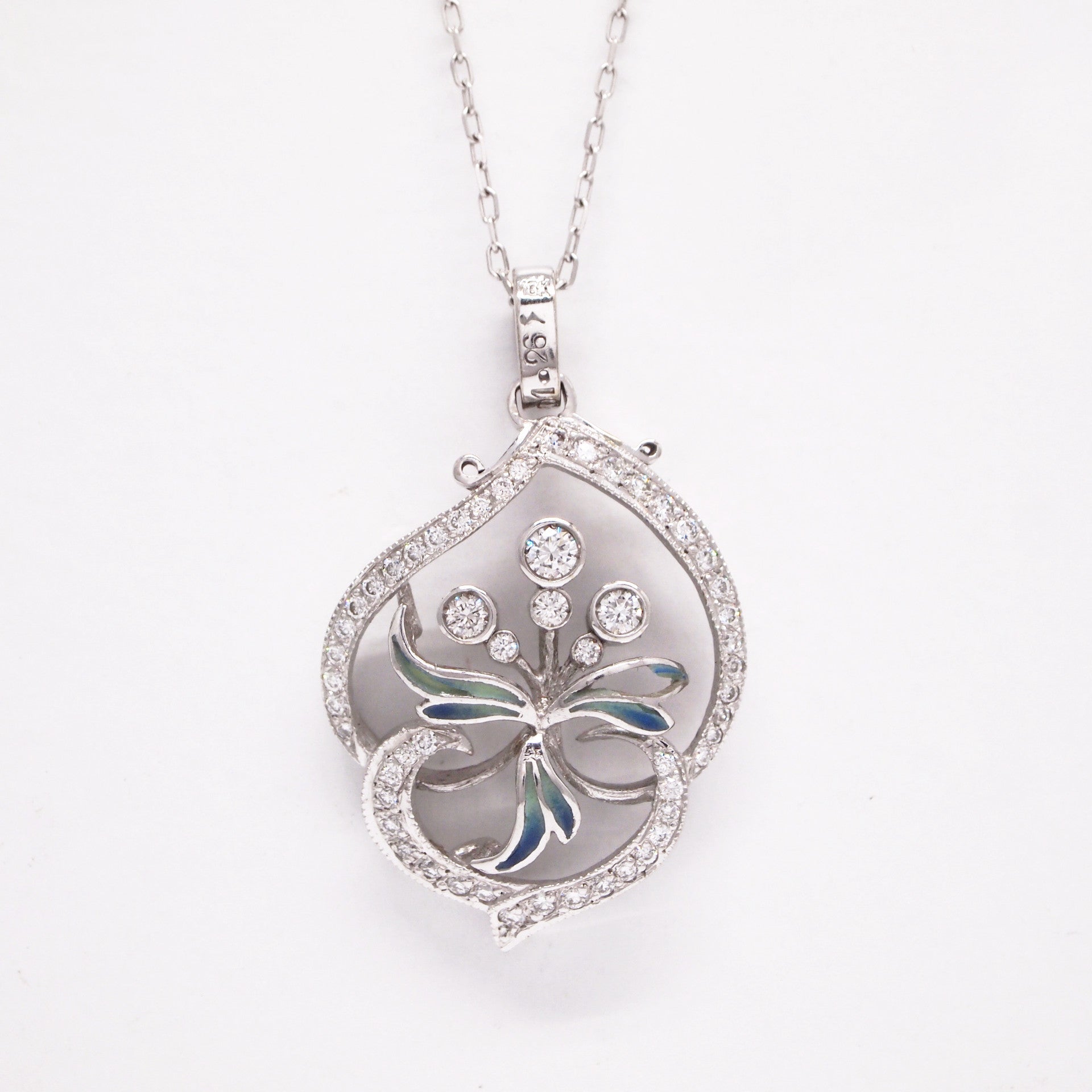 Art Noveau Style 18K White Gold "Arctic Collection" Enameled Diamond Pendant