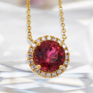 18K Yellow Gold Rubellite Tourmaline And Diamond Halo Necklace