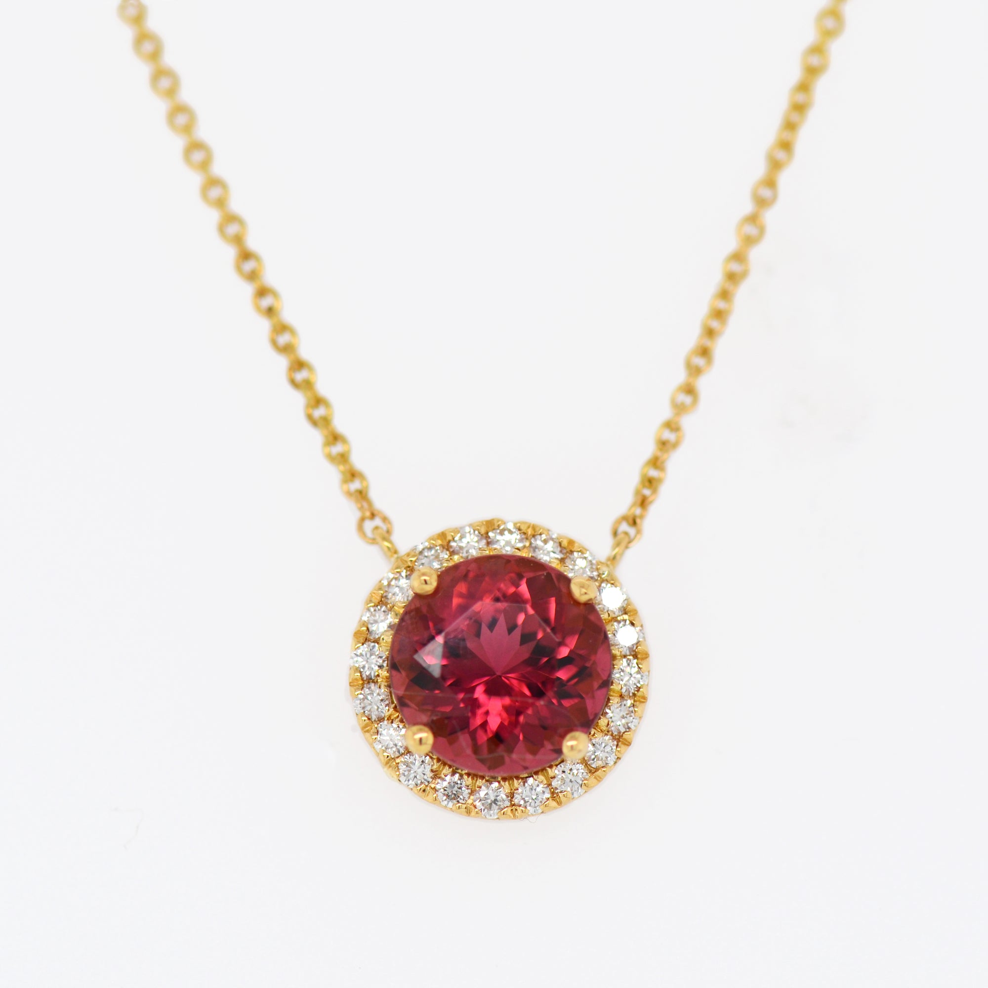 18K Yellow Gold Rubellite Tourmaline And Diamond Halo Necklace