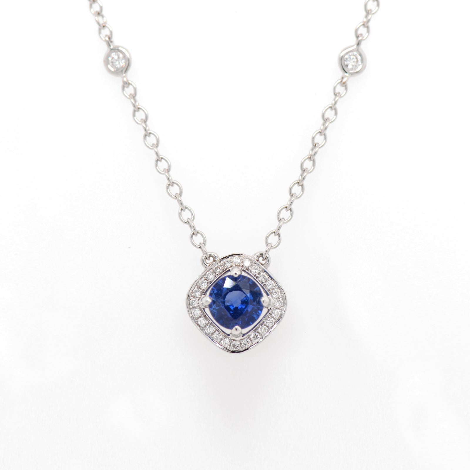 18K White Gold Blue Sapphire And Diamond Halo Necklace