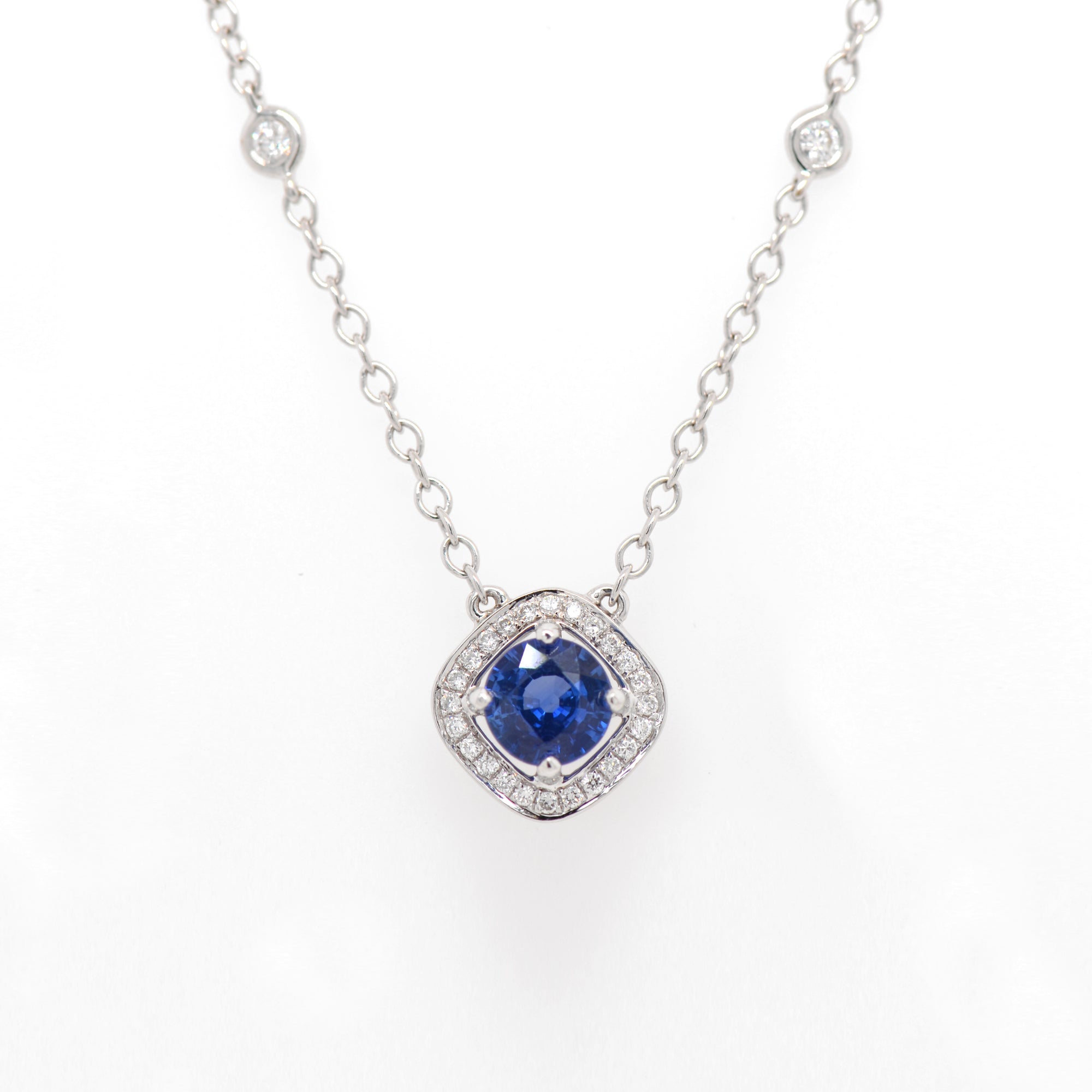 18K White Gold Blue Sapphire And Diamond Halo Necklace
