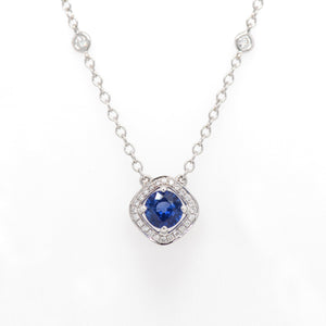 18K White Gold Blue Sapphire And Diamond Halo Necklace