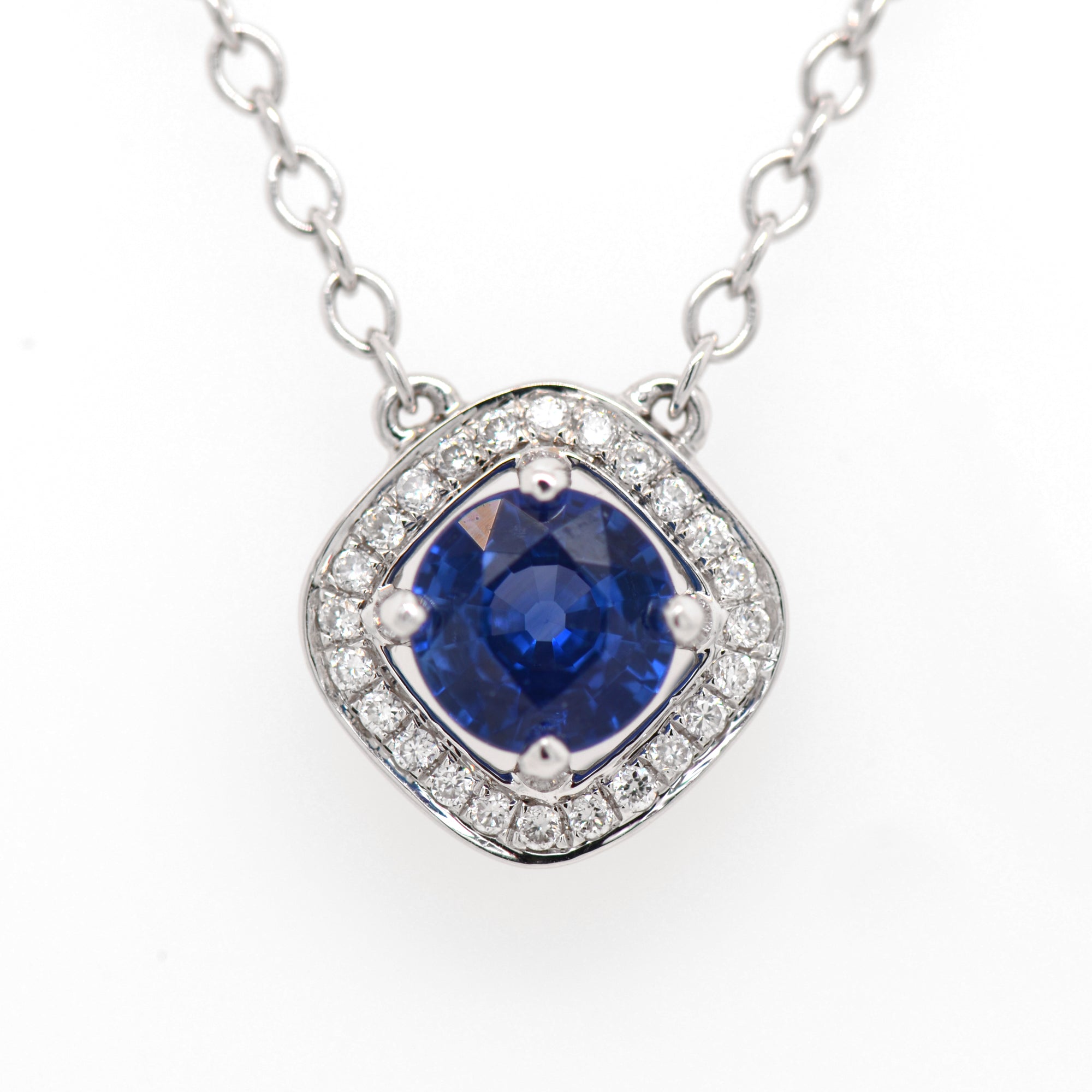 18K White Gold Blue Sapphire And Diamond Halo Necklace