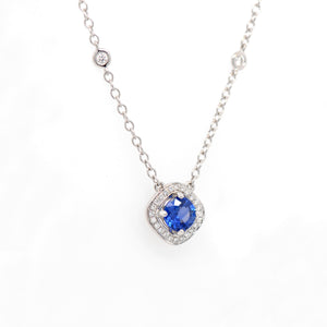 18K White Gold Blue Sapphire And Diamond Halo Necklace