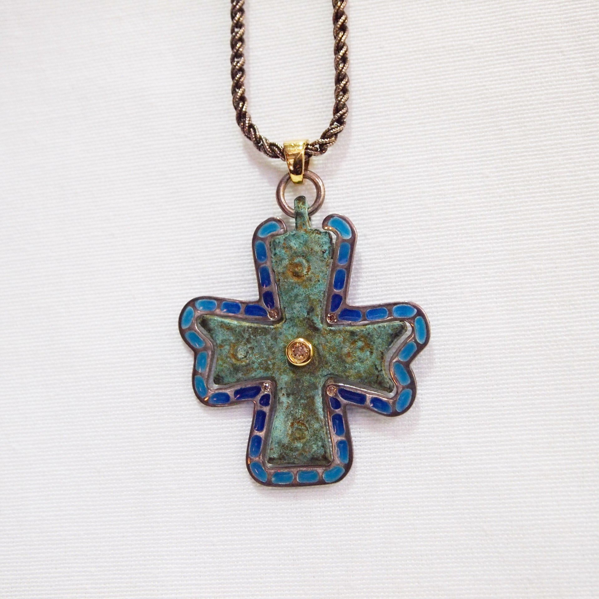 Byzantine Period Bronze Cross Pendant In An Enamel Frame