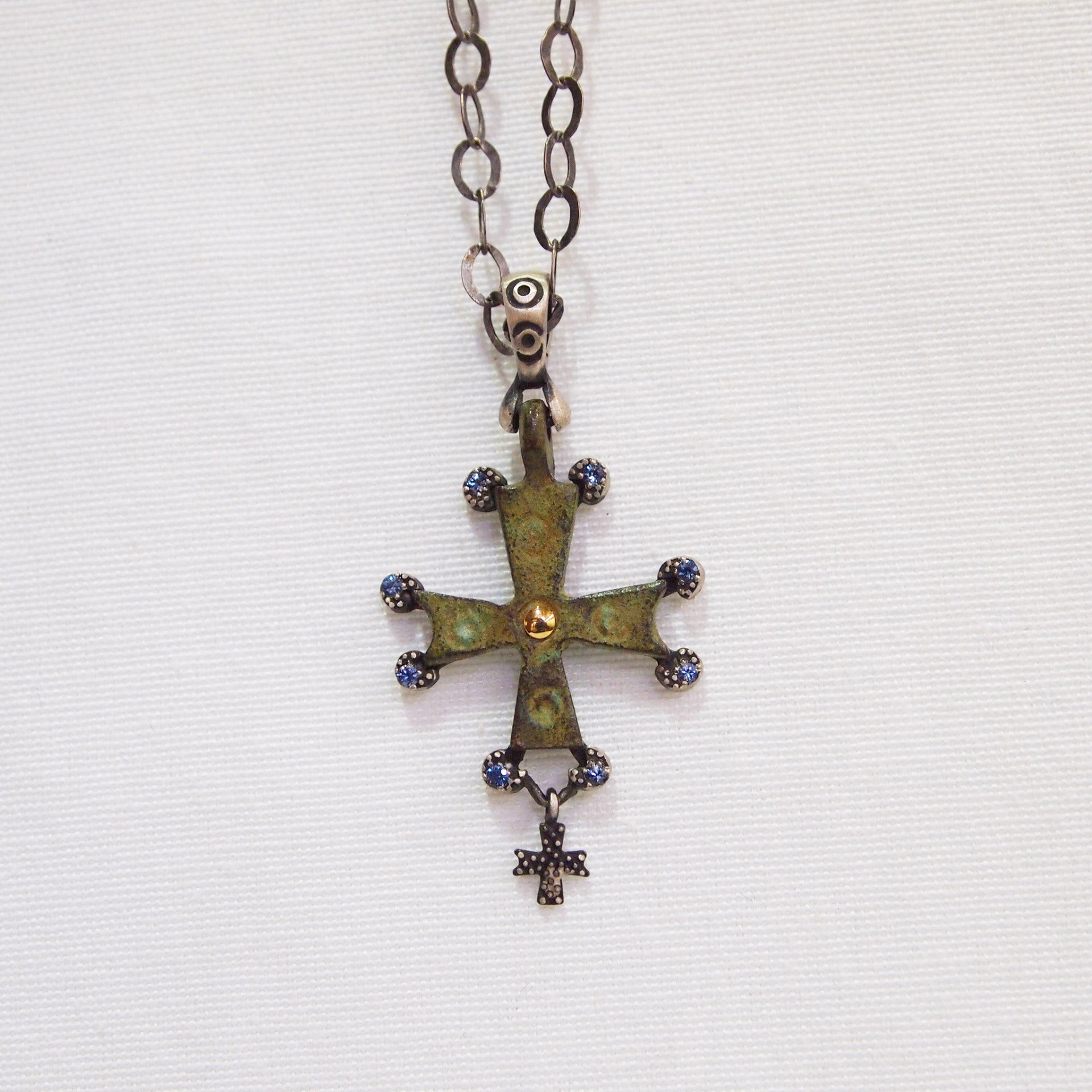 Byzantine Period Bronze Cross Pendant With Sapphires