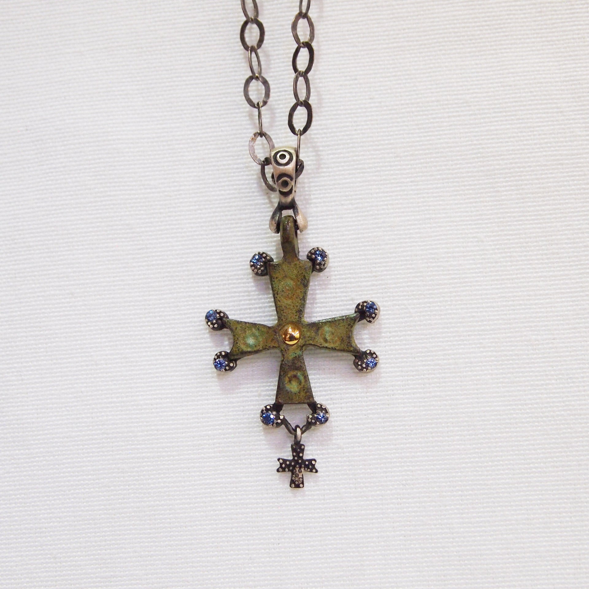 Byzantine Period Bronze Cross Pendant With Sapphires