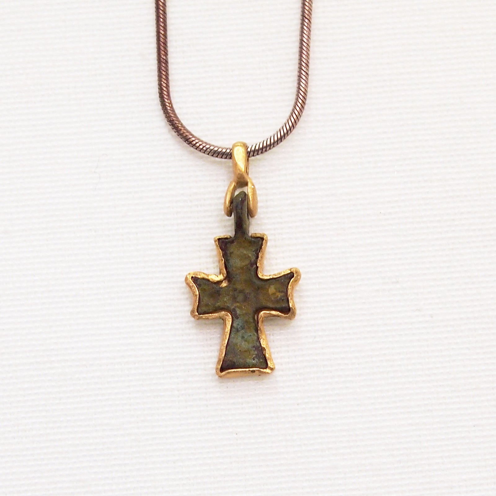 Byzantine Period Bronze Cross Pendant Encrusted In Yellow Gold