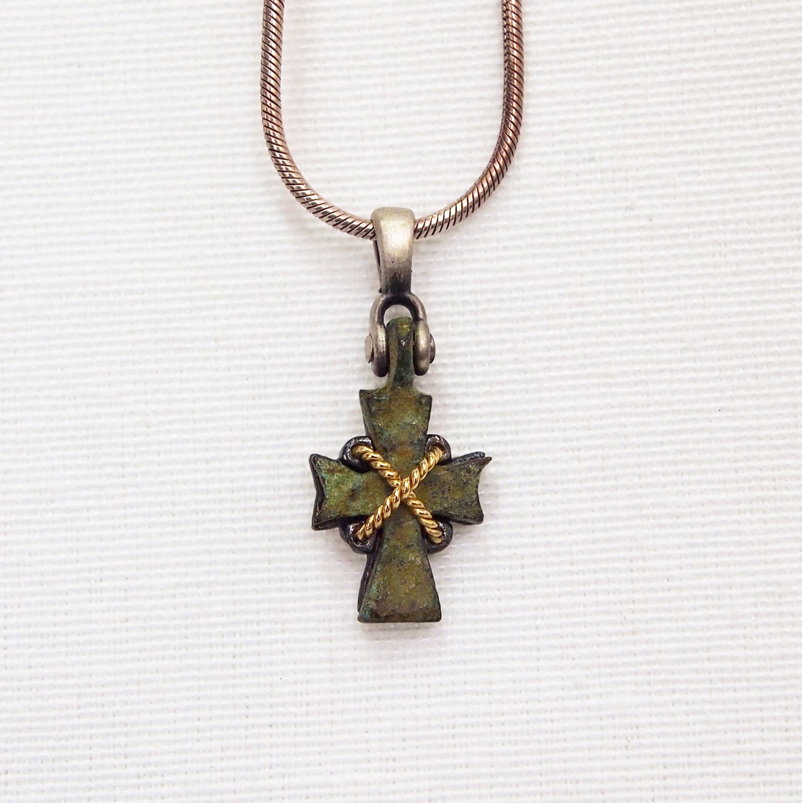 Byzantine Period Bronze Cross Pendant Encrusted In Yellow Gold And Sterling Silver