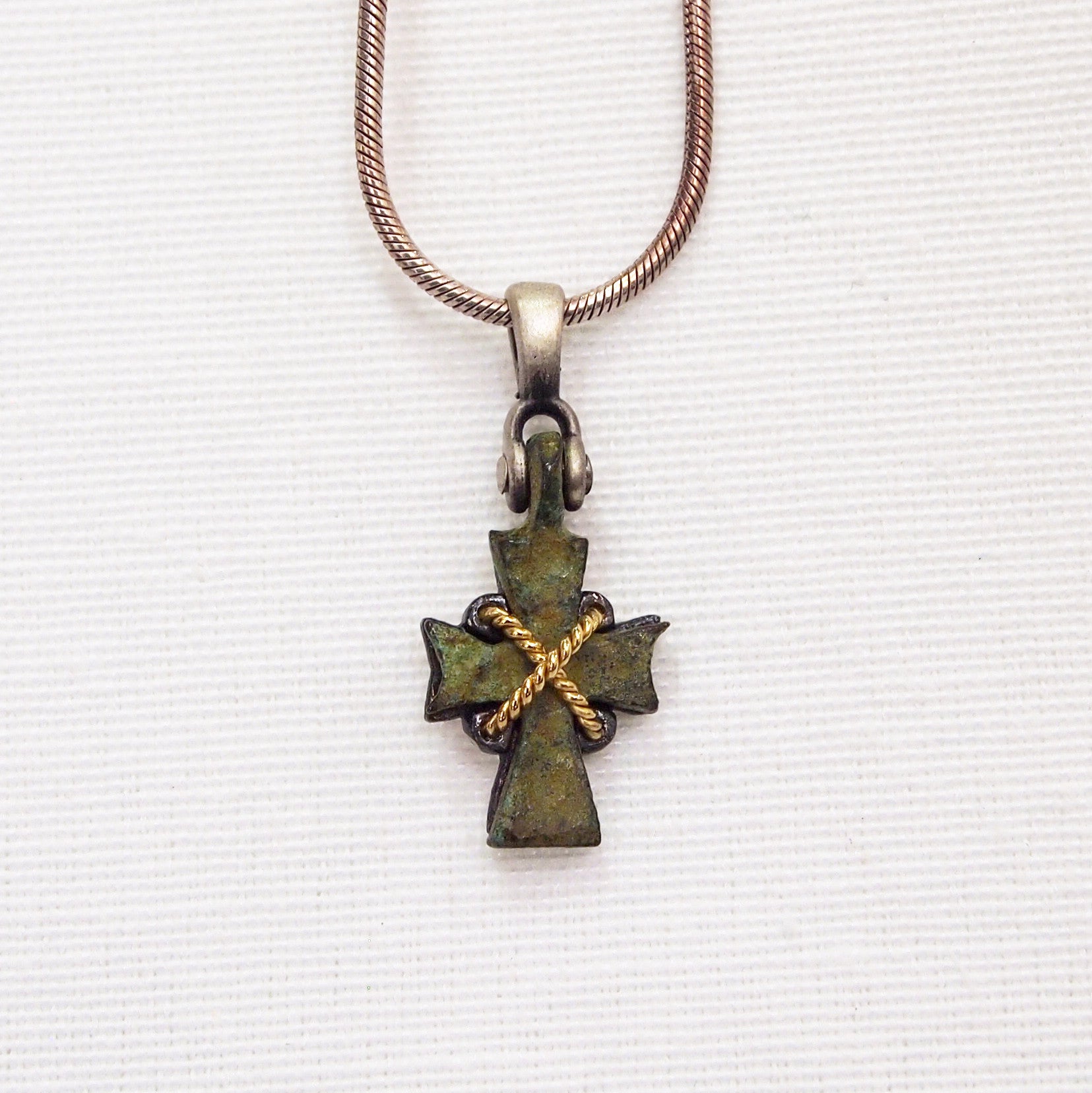 Byzantine Period Bronze Cross Pendant Encrusted In Yellow Gold And Sterling Silver