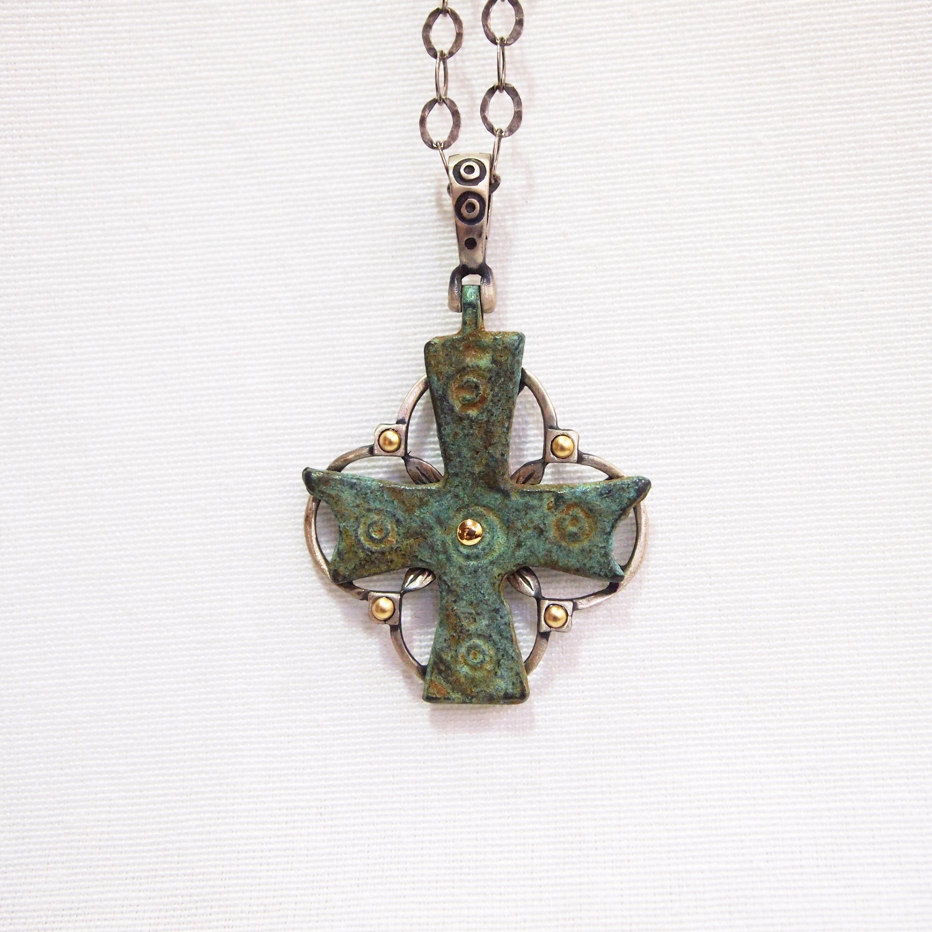 Byzantine Period Bronze Cross Pendant Encrusted In Yellow Gold And Sterling Silver