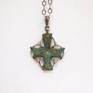 Byzantine Period Bronze Cross Pendant Encrusted In Yellow Gold And Sterling Silver