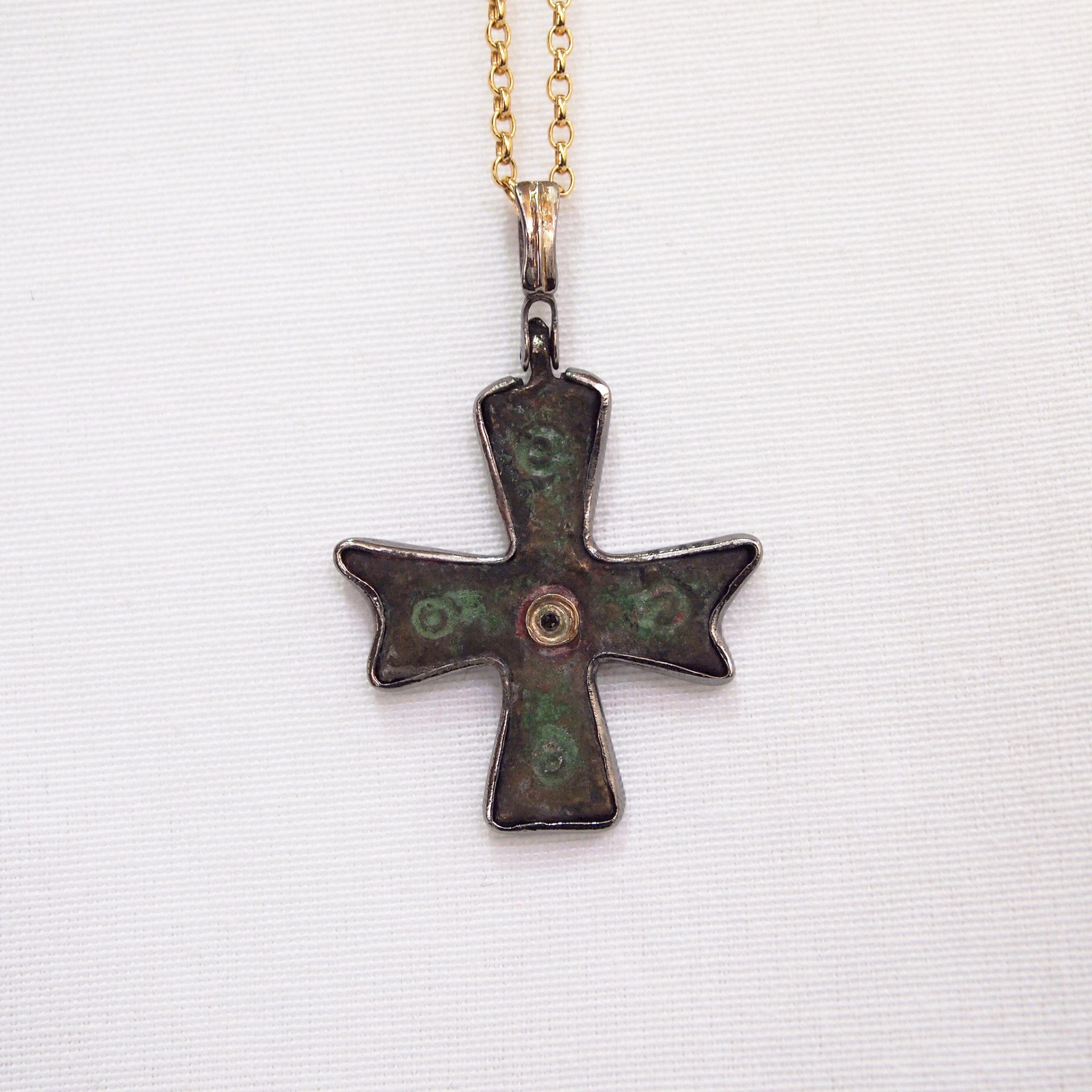 Byzantine Period Bronze Cross Pendant Encrusted In Yellow Gold And Sterling Silver