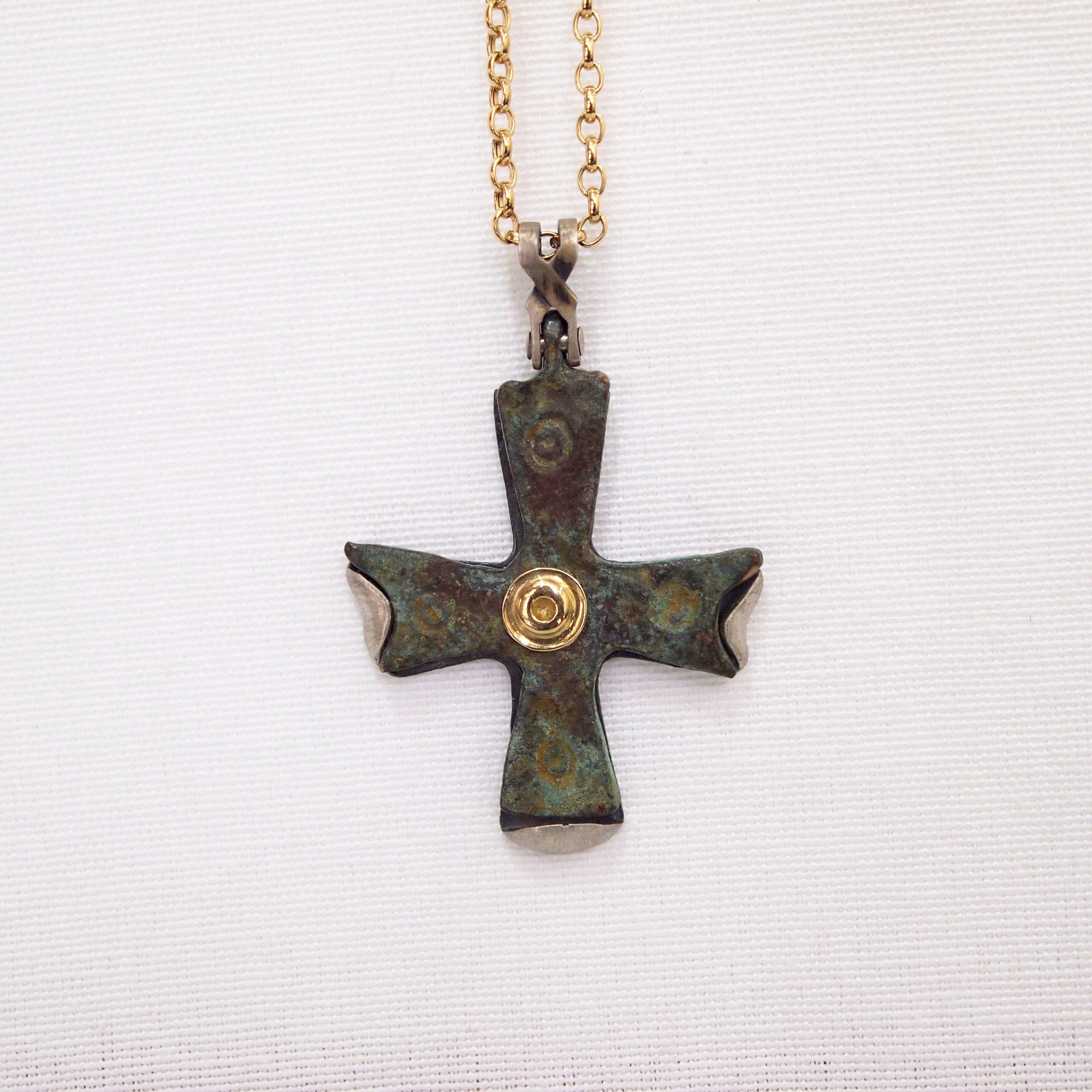 Byzantine Period Bronze Cross Pendant Encrusted In Yellow Gold And Sterling Silver