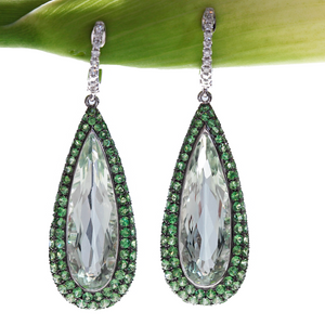 18K White Gold Tsavorite Garnet, Green Amethyst, Diamond Earrings