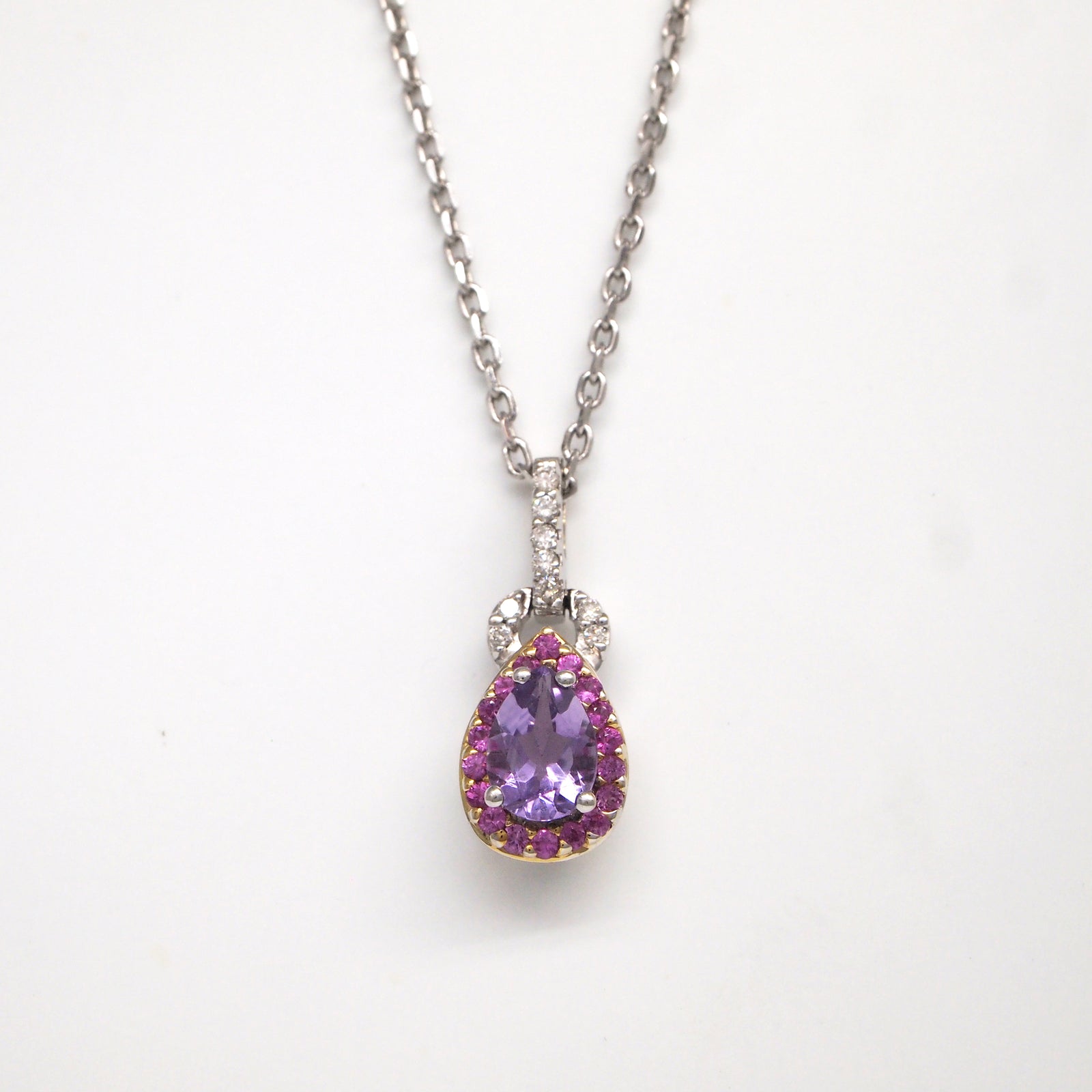 18K White Gold Amethyst, Pink Sapphire, And Diamond Pendant