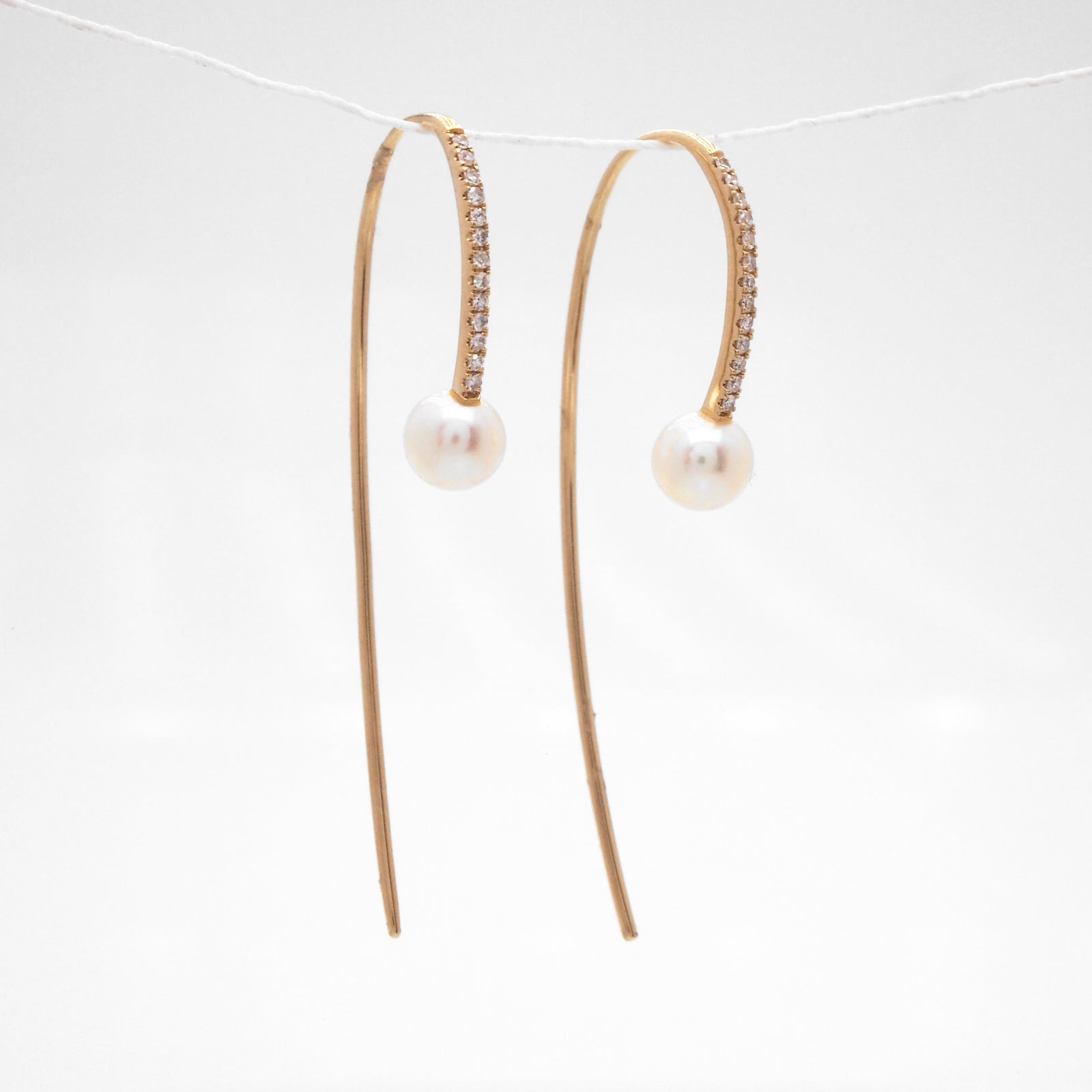 14K Yellow Gold Floating Pearl And Diamond Earrings