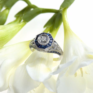 White Gold Vintage Style Round Brilliant Diamond and Baguette Sapphire Ring