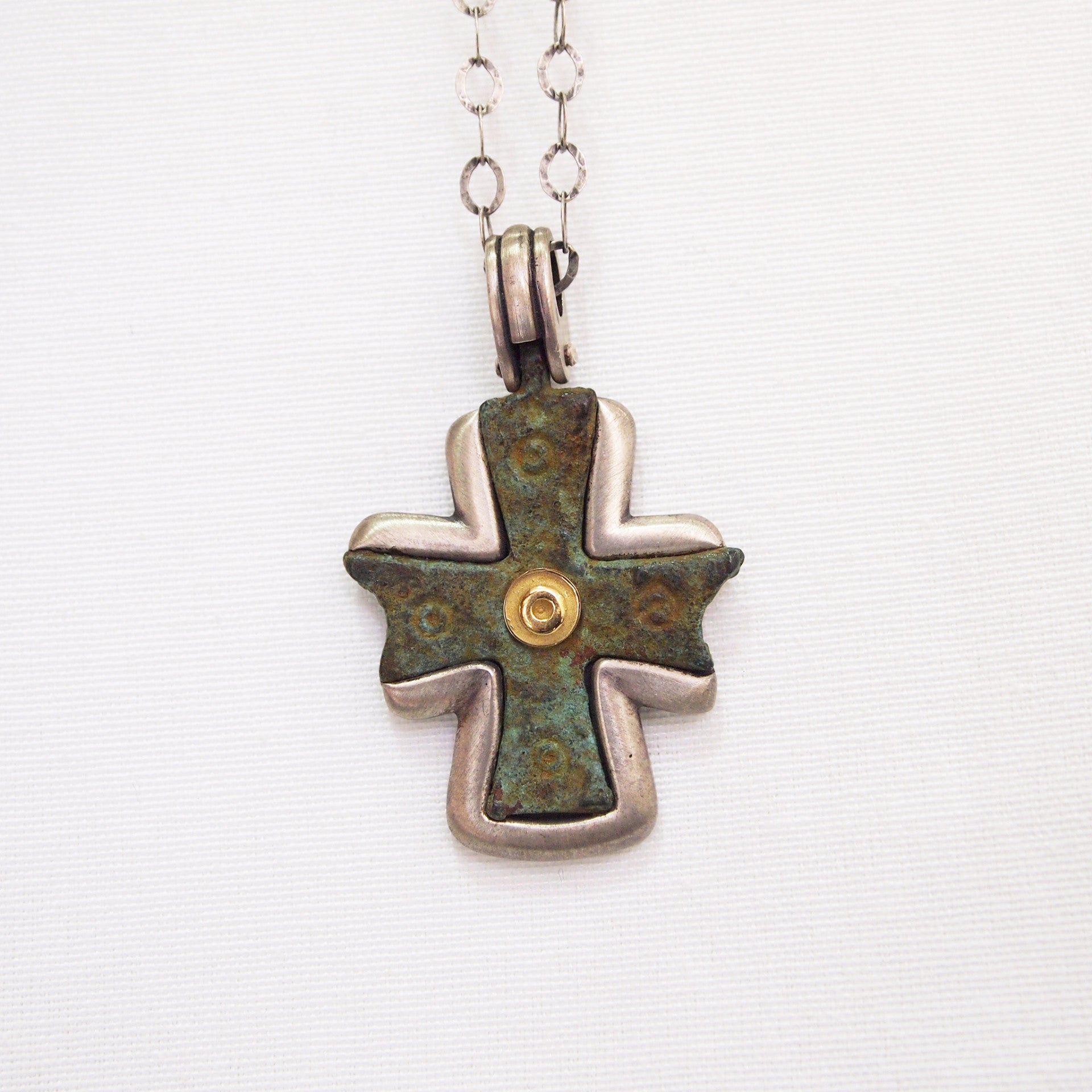 Original Byzantine period bronze cross pendant encrusted in sterling silver and yellow gold