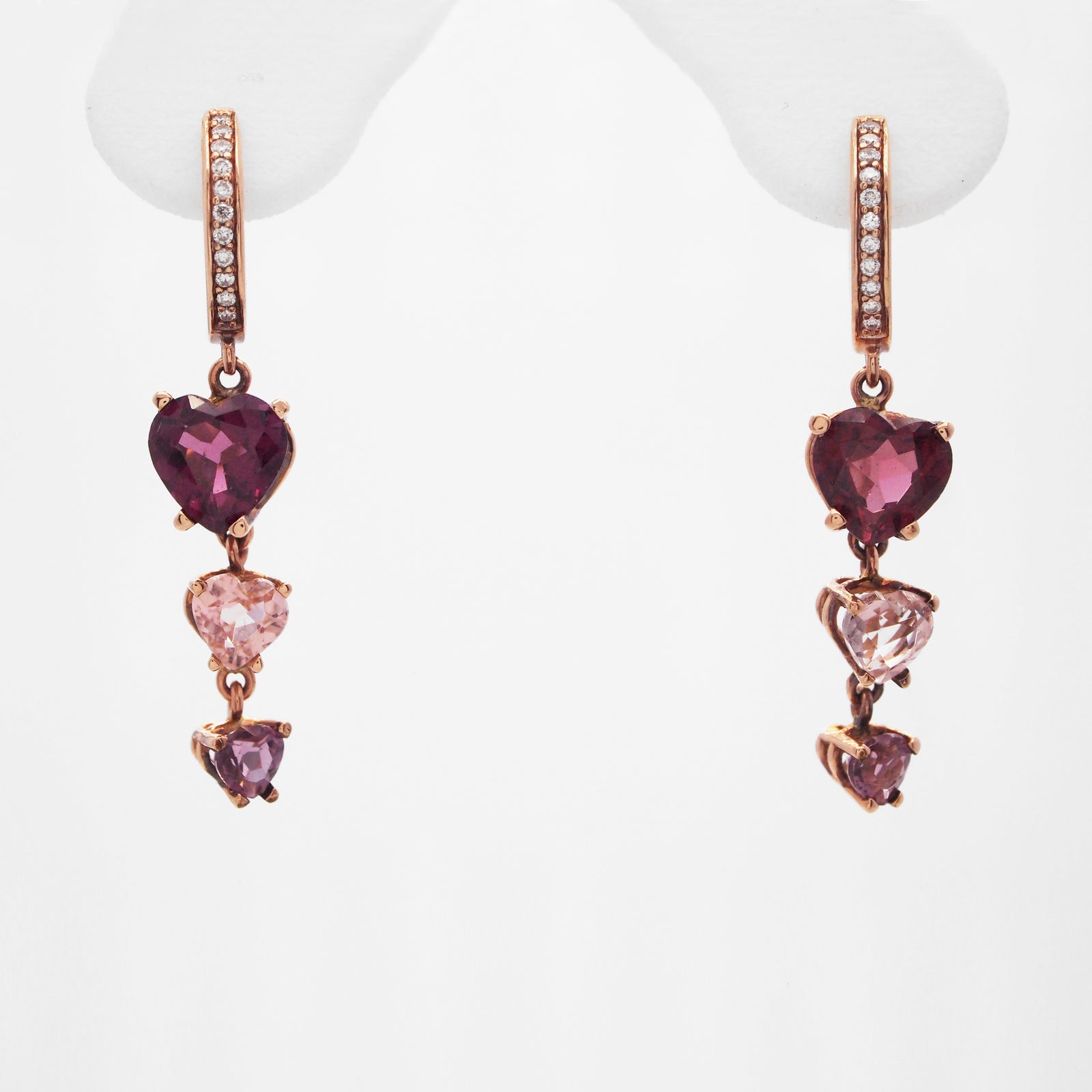 14K Rose Gold Trinity Heart Rhodolite, Tourmaline, And Diamond Earrings