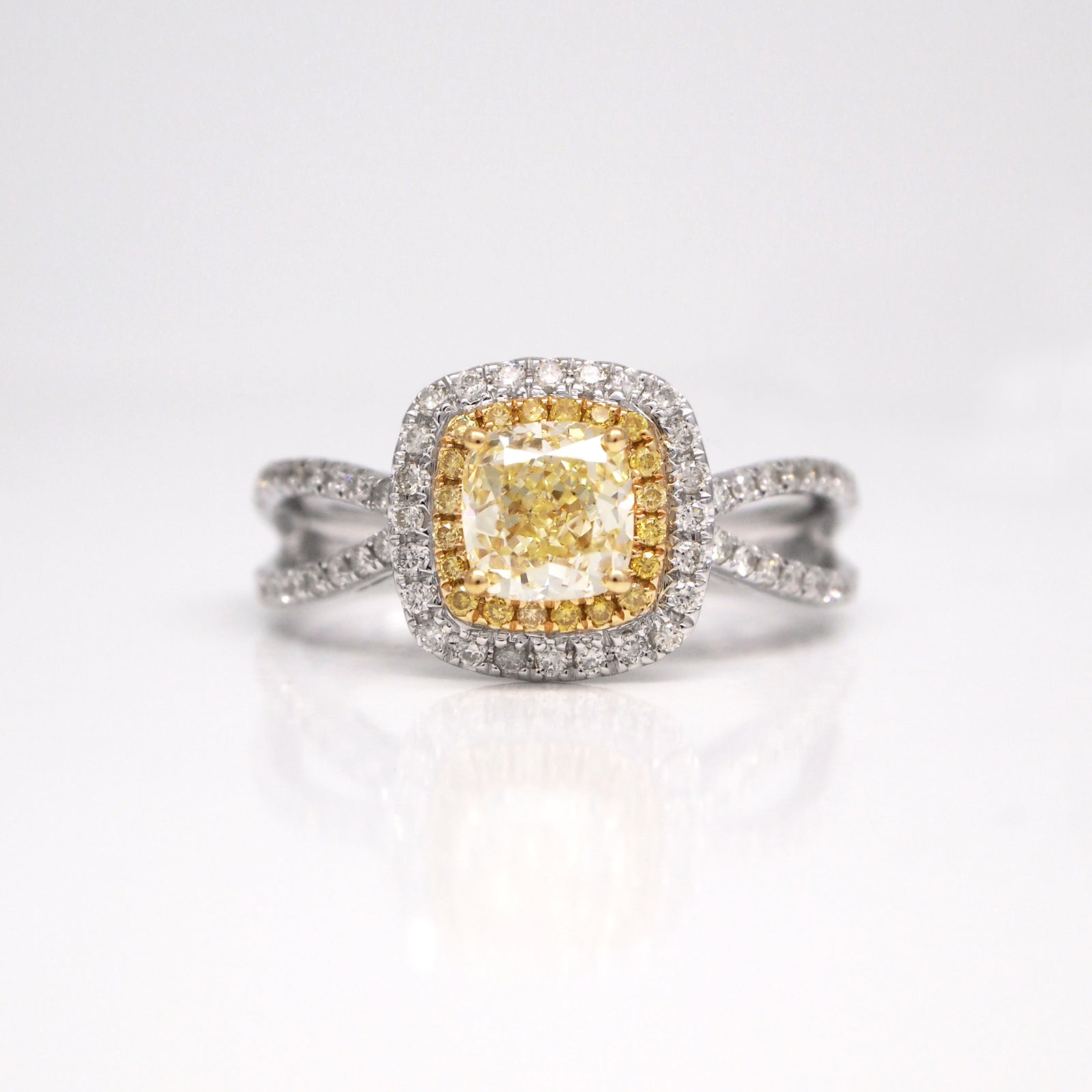 18K white gold split-shank yellow diamond engagement ring with GIA certificate 