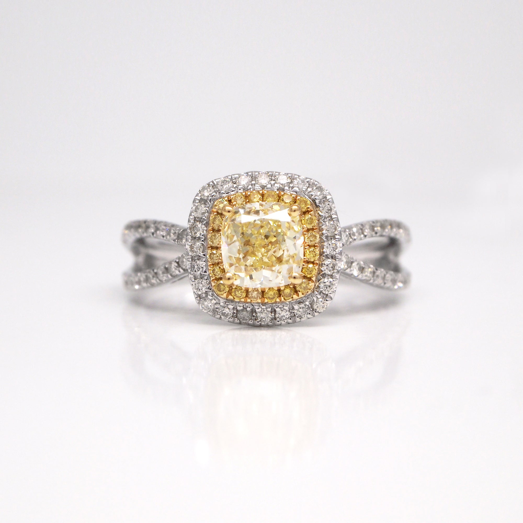 18K white gold split-shank yellow diamond engagement ring with GIA certificate 