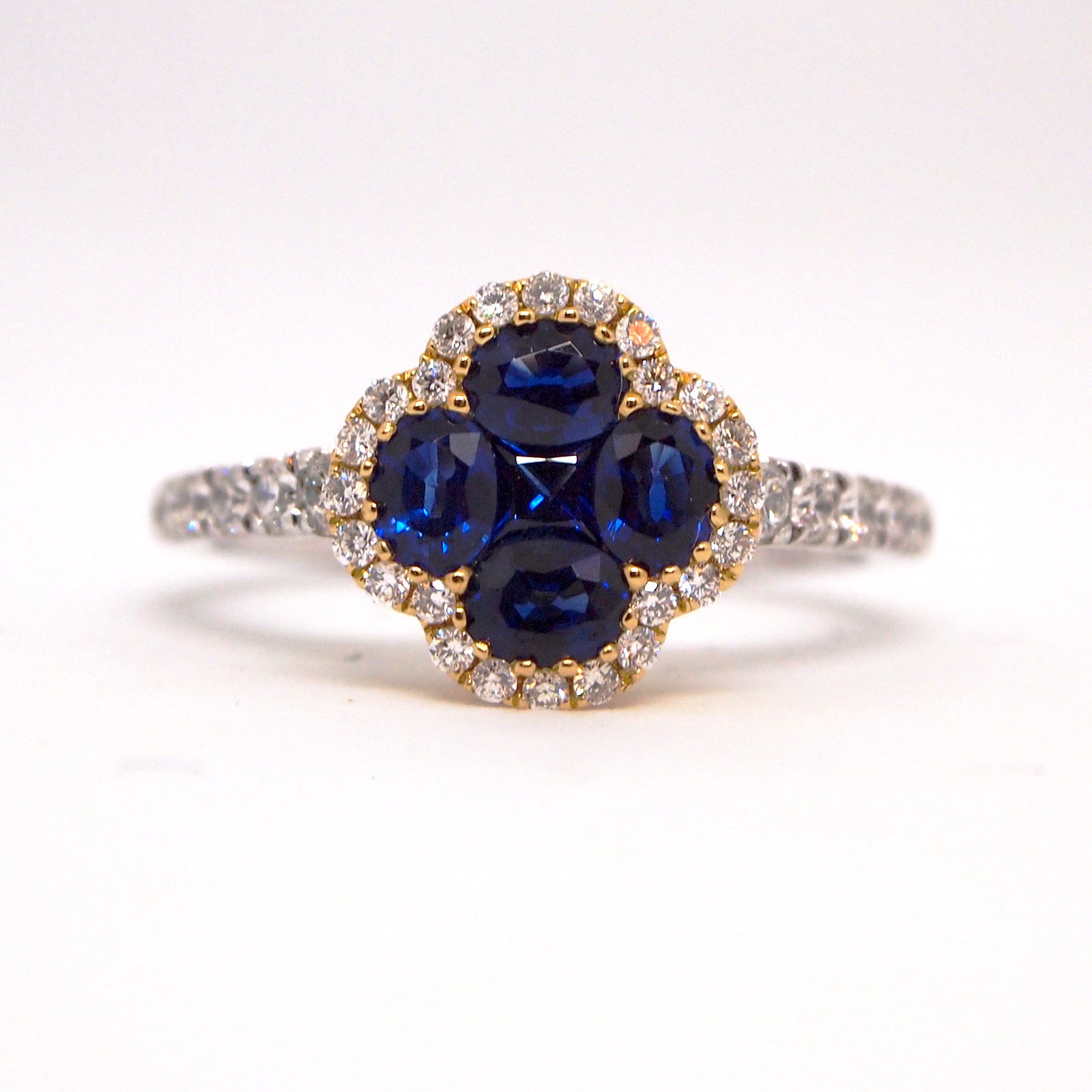 18K White And Yellow Gold Sapphire And Diamond Clover Ring